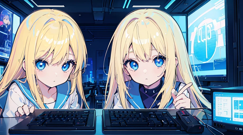 (2 girls, blonde hair, blue eyes, sailor suit, kawaii, meeting), (blue cyberpunk, room with big monitors, blue neon)