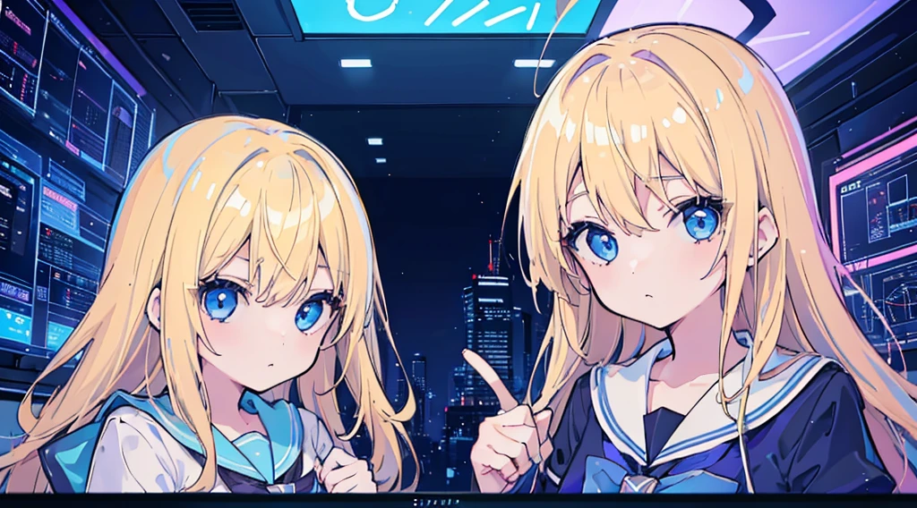 (2 girls, blonde hair, blue eyes, sailor suit, kawaii, meeting), (blue cyberpunk, room with big monitors, blue neon)