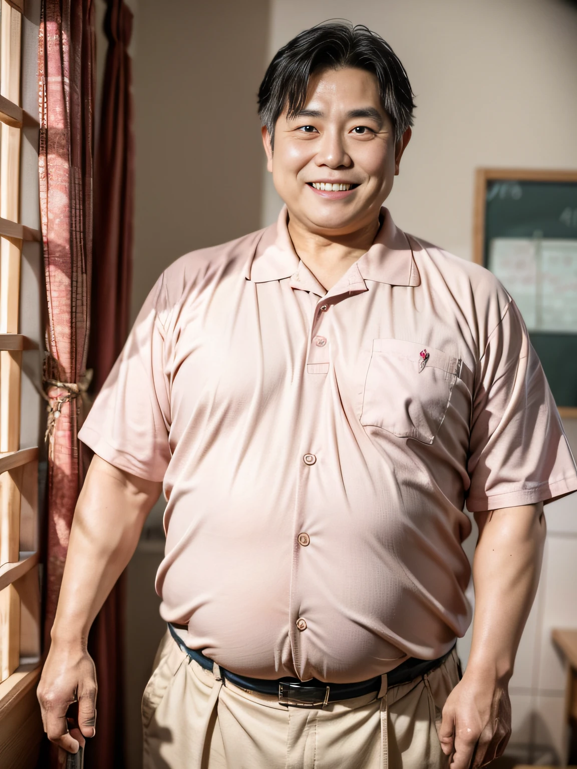 Sweating,short-haired, Overweight Japanese male teacher weighing 90kg.(55 years old)Posing with a strange smile。.,Real Light,wearing a summer shirt and slacks,In my hand I have a pink stick that is 30cm thick..,