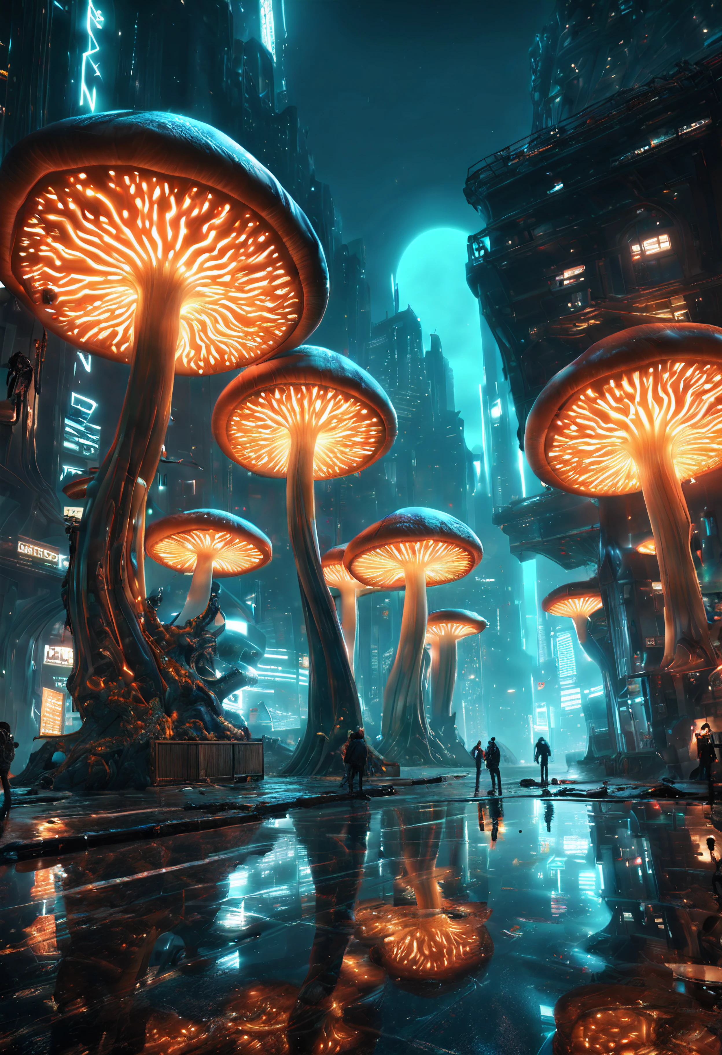 (best quality, masterpiece, Representative work, official art, Professional, unity 8k wallpaper:1.3),Ultra-wide-angle, octane render, Enhance, intricate,Bioluminescent Mushroom, very dark city.