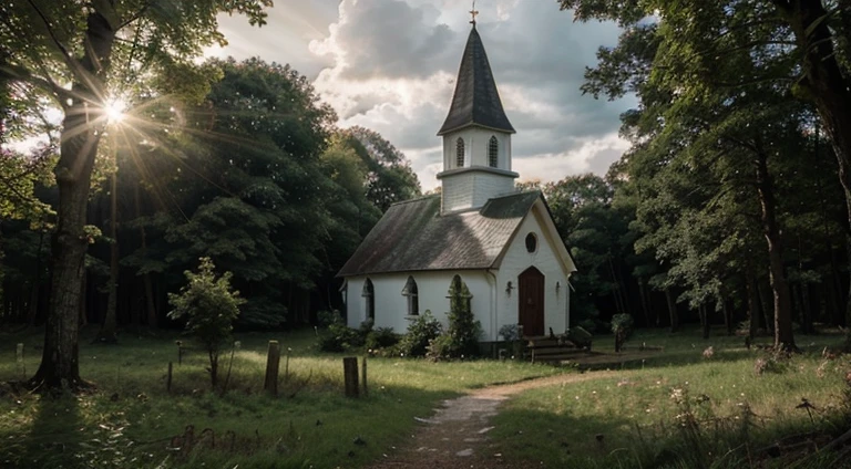 small church in the forest, sunlight falling through the clouds, Lots of trees