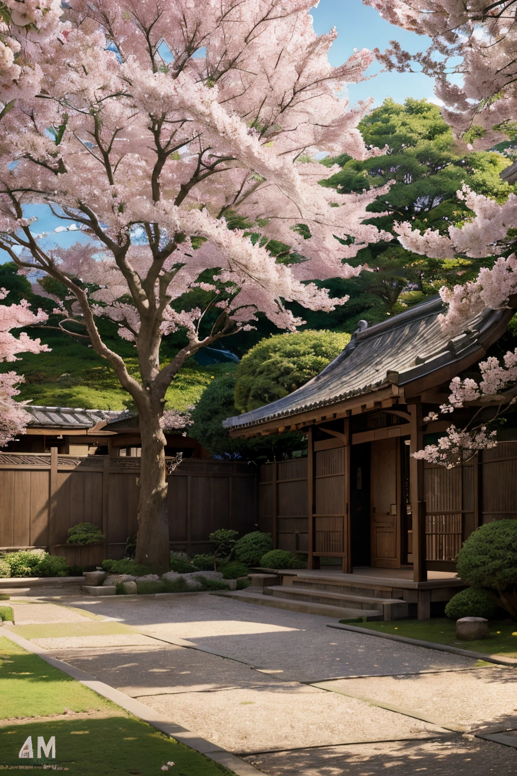 Draw a Japanese-style garden，A big cherry blossom tree, anime beautiful peace scene, landscape artwork, ross tran. scenery background, Anime art wallpaper 4 K, Anime art wallpaper 4k, anime backgrounds, beautiful anime scenes, Anime art wallpaper 8 K, Anim...