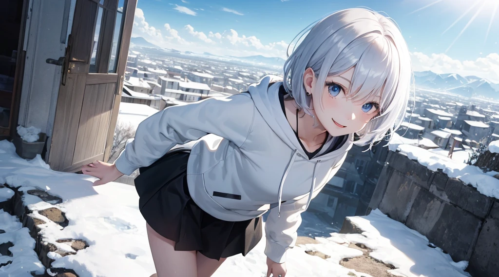 Ultra-high image quality,Look at viewers, hands behind back, girl with, 20 years old, Very short hair, long bangs between eyes, pale blue eyes, Hoodie, Skirt , Blue sky, Sunlight, Extremely detailed,(masterpiece、top-quality)、独奏、White hair、A smile、White skin as clear as snow、Fantastical, Silver hair, Black eyes, Beautiful eyes,, Ecstasy, charmed, be smitten with audience, Hoodie, White hoodie,a black skirt,Hair is short,Blue sky , Sunlight,fantastic landscape,look down from above