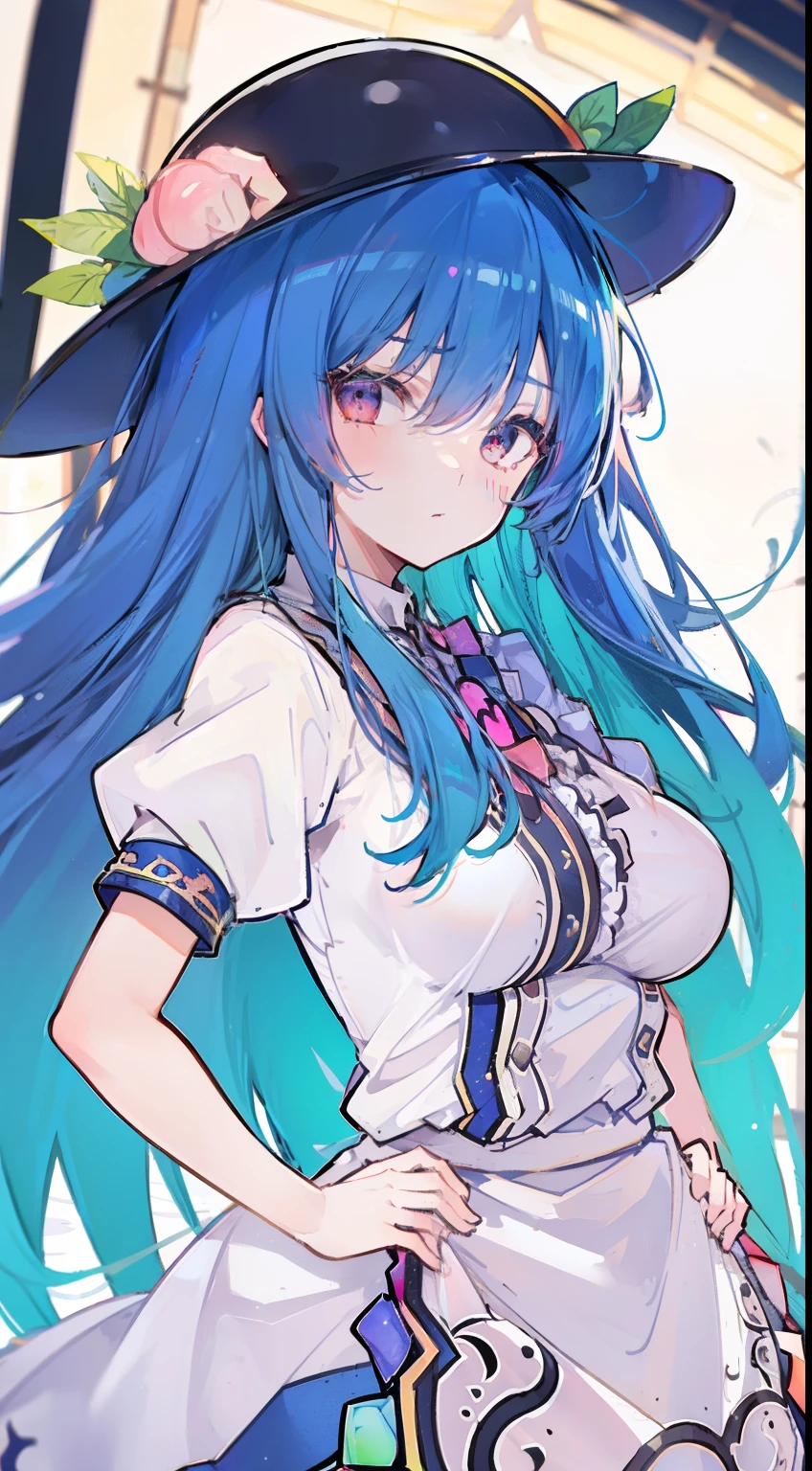 (masterpiece),best quality, expressive eyes, perfect face, 1girl,
big breast, H-cup, good breast, hands on waist,beautiful, gorgeous,anime,girl,lora,hinanawi tenshi, blue hair, blue haired,tent boobs, tent chest, tent breast, floating clothes,waist grab, grabbing waist