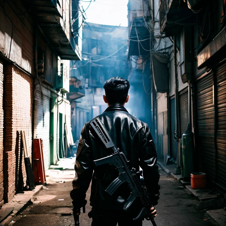 Rear view of a man standing with an assault rifle in one hand in a back alley in a cyberpunk-style city。what&#39;Introducing a black laser jacket。there is a black aura。