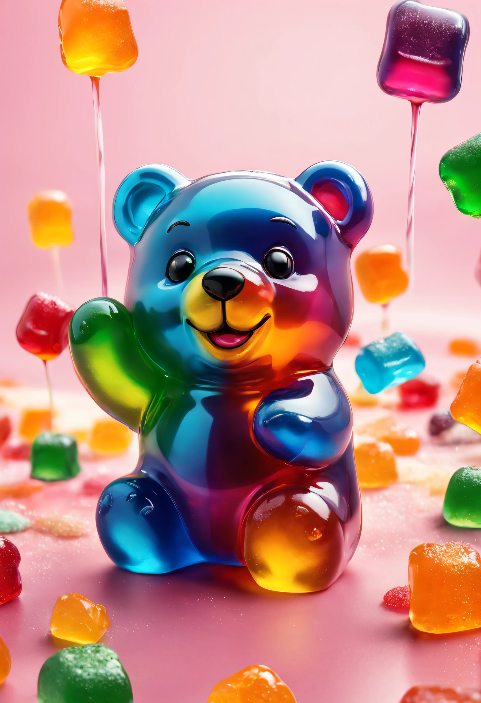 1 gummy bear,solo, a candy, and jelly. (best quality,highres,ultra-detailed),(bright colors,vibrant),(soft texture:1.1),(delicious),(shiny),(glossy),(transparent:0.9),(mouth-watering),(sweet aroma),(sugary treat),(playful),(colorful),(joyful),(tempting),(eye-catching),(pleasing to the senses),(irresistible),(fun-shaped),(chewy),(sticky),(juicy),(yummy),(satisfying),(mouthful of happiness),(fun and delightful),(whimsical),(mouthwatering),(sugary delight),(toothsome),(addictive),(dessert),(indulgence:1.1),(carnival atmosphere),(mouthful of joy),(sweet tooth),(satisfying cravings),(soft and chewy),(delightful combination),(flavor explosion),(sweet and tangy),(juicy burst of flavor),(sweet escape),(magic in every bite),(blissful treat),(mouthful of bliss),(a moment of joy),(pure happiness),(joyful indulgence),(tasty adventure),(sugar rush)