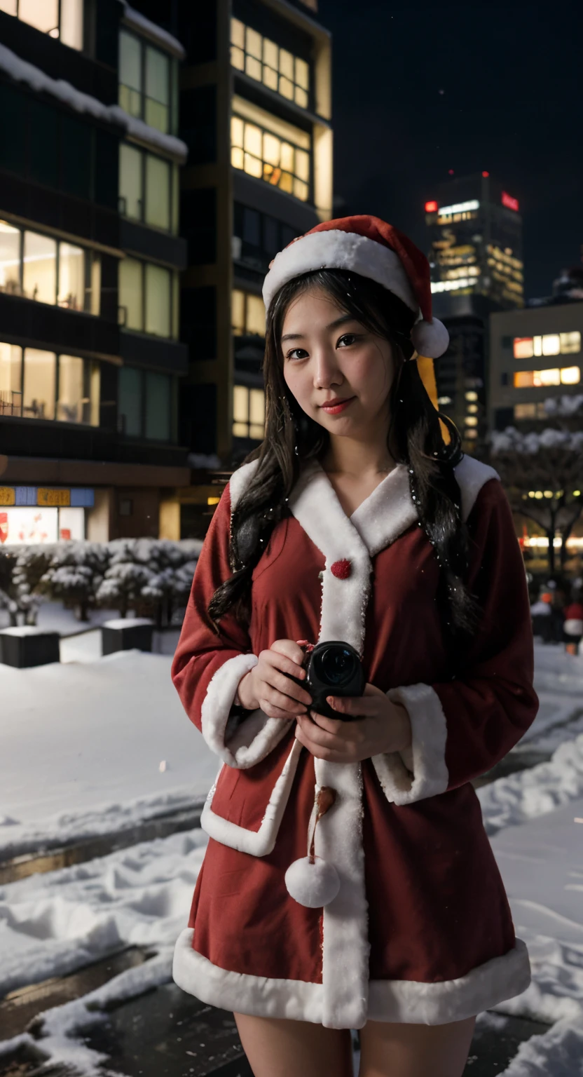 santa claus, japanaese girl, city, Night, Snow, Skyscrapers