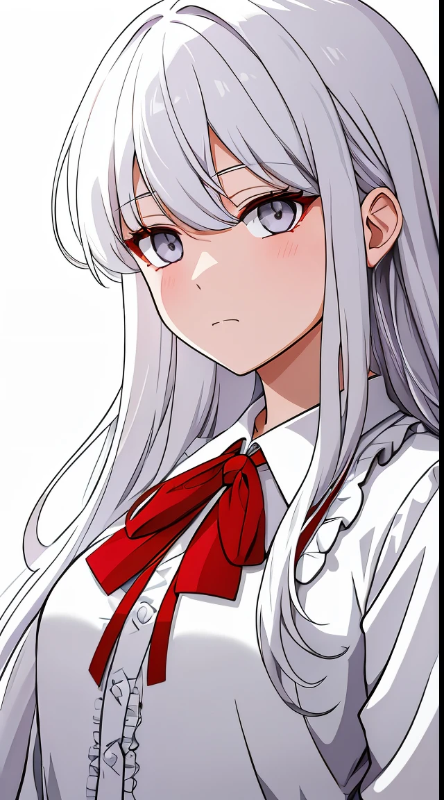 ((fantasy-style)), 1girl, solo, white hair, shirt, red ribbon, ribbon, looking at viewer, long hair, upper body, white eyes, white shirt, grey eyes, hair between eyes, neck ribbon, collared shirt, cardigan, closed mouth, expressionless, jacket, simple background, frills, bangs, white background, long sleeves