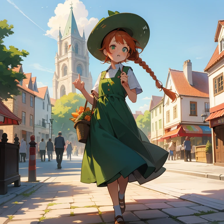 High Detail, Ultra Detail, Ultra High Resolution A cute and innocent girl, child, toddler, detailed face, detailed eyes, high quality image, (green eyes, red-orange hair, braided hairstyle)(wearing a green dress), walking down a street, holding a basket of bread, warm sun sprinkling on her, blue sky, clouds, scottish town, brick road, town square, fountain at the center of the square