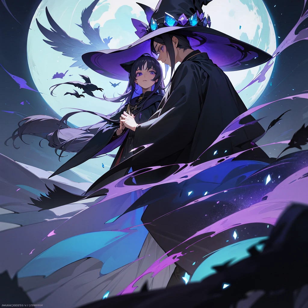 Couple of a female wizard with purple eyes and a male wizard with blue eyes,Black,Gentle,a moon,Mystical,uses magic,A dark-haired,sapphires,Pedras preciosas,Witch's black hat,black robes,crows,Best Quality,high-level image quality