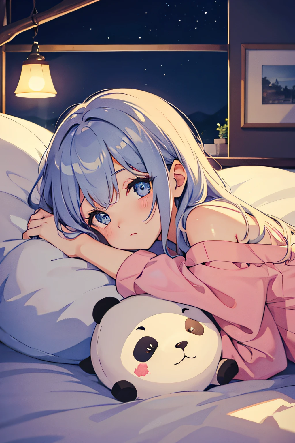 The woman is wearing casual clothes with cat ears, blue eyes, high quality, 4K, beautiful, gray hair, surrounded by teddy bears, long hair, anime style, study, In the pink room, Happy, smile