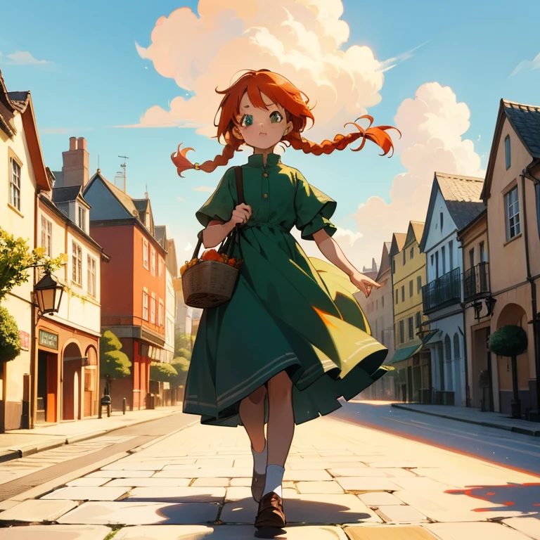 High Detail, Ultra Detail, Ultra High Resolution A cute and innocent girl, child, toddler, detailed face, detailed eyes, high quality image, (green eyes, red-orange hair, braided hairstyle)(wearing a green dress), walking down a street, holding a basket of bread, warm sun sprinkling on her, blue sky, clouds, scottish town, brick road, town square, fountain at the center of the square
