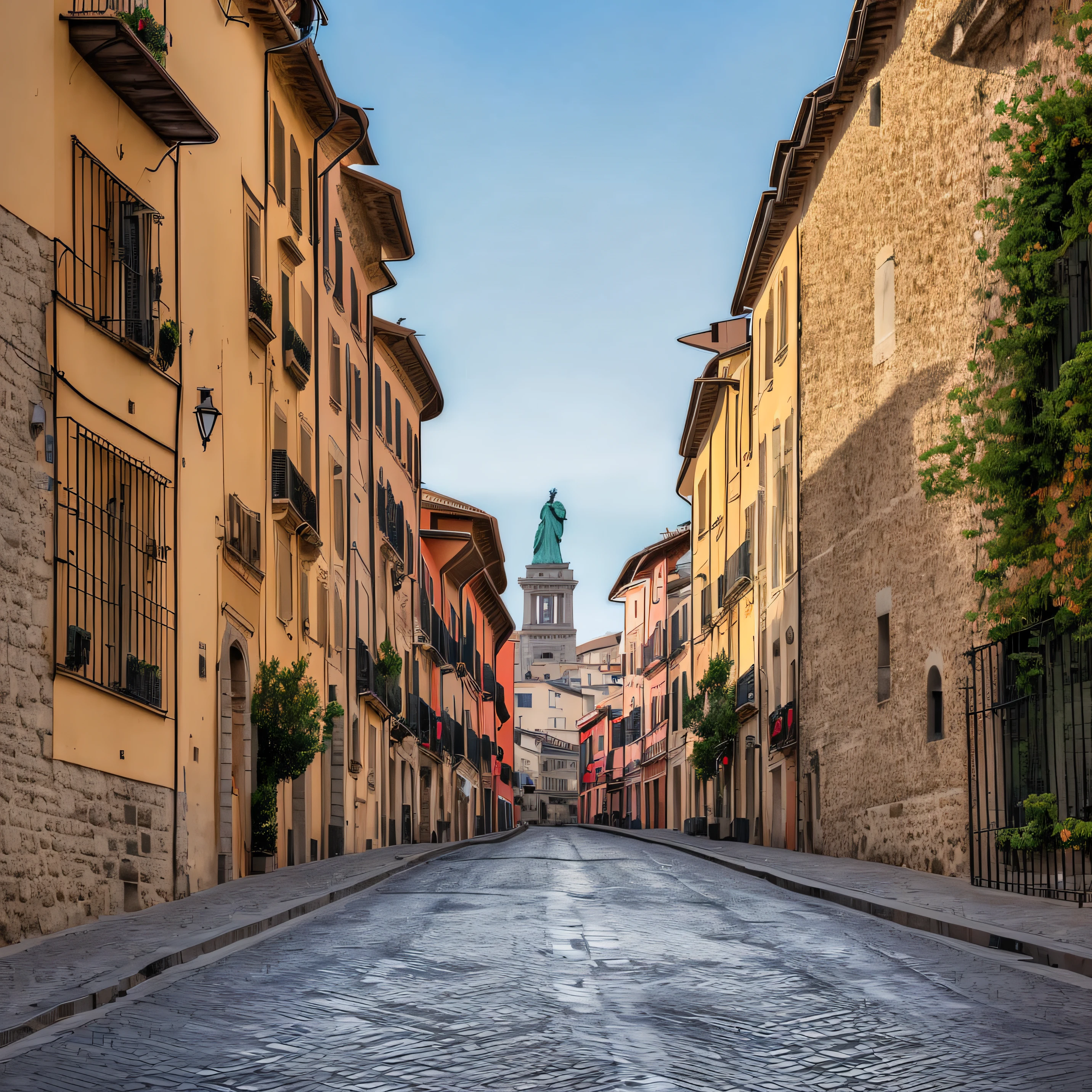 Empty street in the city of Vittoria Italy in the foreground, in the background the city seen from afar, in the city discreetly in the background a statue of Liberty made of metal