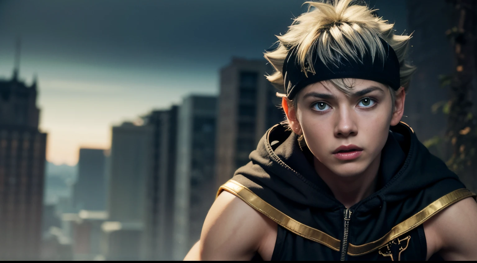 masterpiece, best quality, high quality, 1boy, solo, male focus, looking at viewer, upper body, asta, green eyes, headband, grey hair, spiked hair, young, boy, teenager