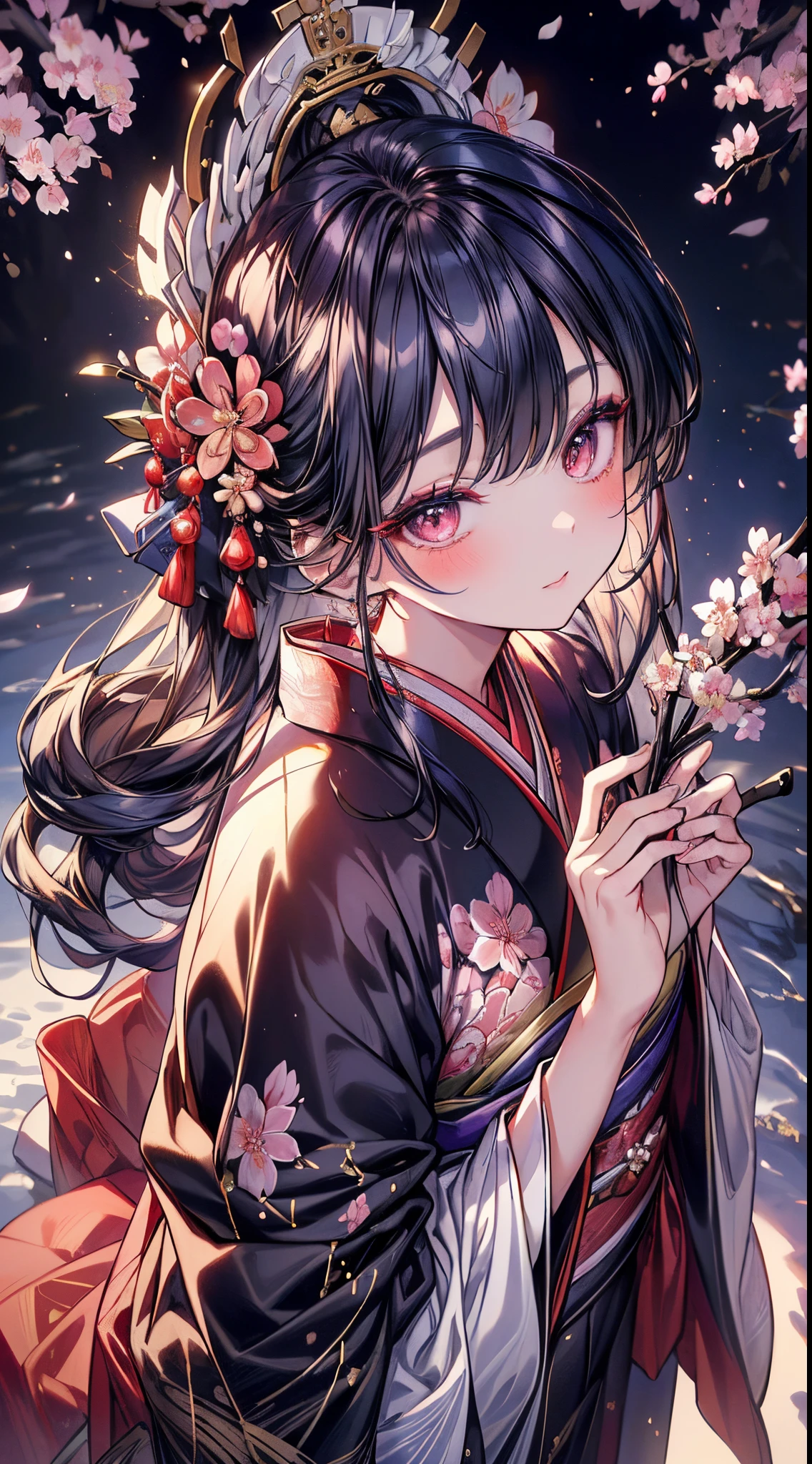 absurderes,(masterpiece、top-quality、8K ),intricate detailes,ultra-detailliert、1 Beautiful Japan Woman,(Luxury kimono:1.2),(luxury hair ornament:1.2),(cherry blossom in full bloom、lots of flower:1.2),(Beautiful makeup:1.2),(From above,Looking Up:1.3),Snow-white skin、Hyper realistic,Perfect Anatomy