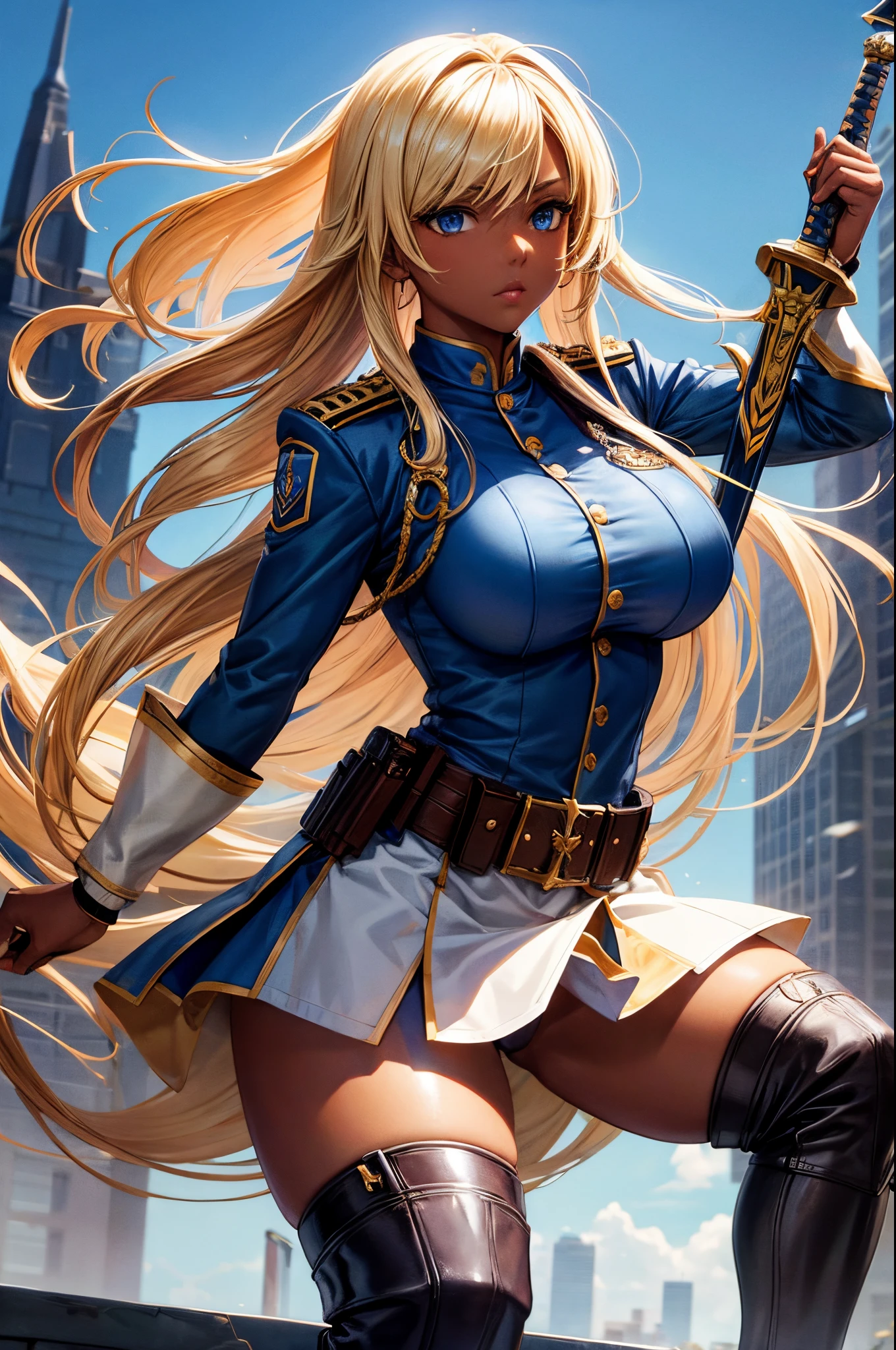 Female, Hime Cut Blonde hair, Blue eyes, dark brown skin, large breasts, wearing a military uniform and wielding a sword. A city background during the day time