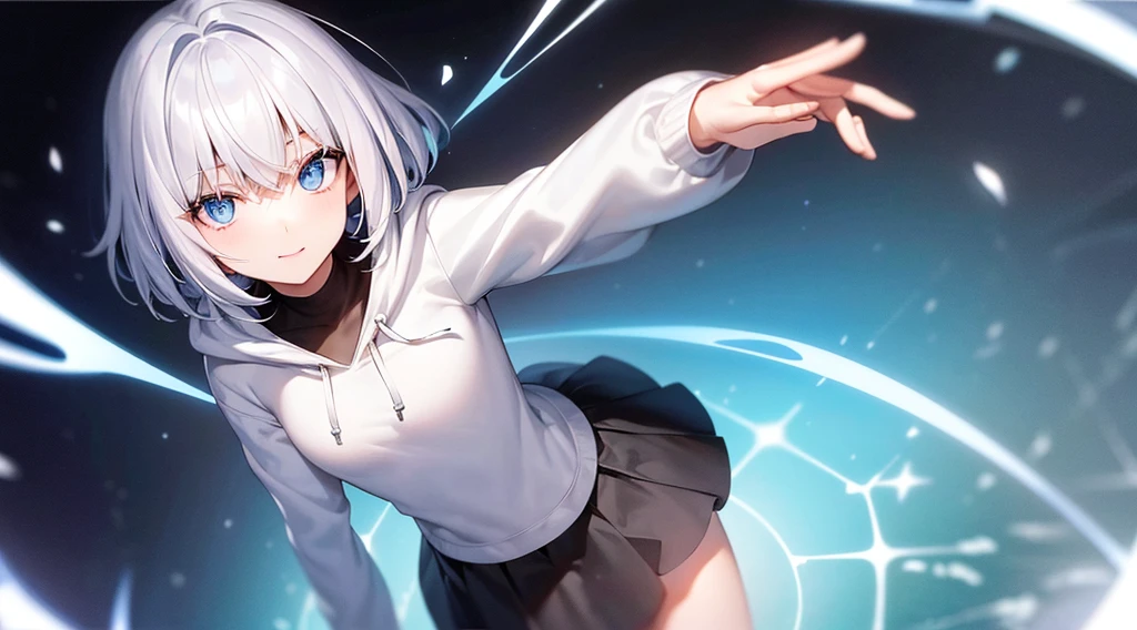 Ultra-high image quality,Look at viewers, hands behind back, girl with, 20 years old, Very short hair, long bangs between eyes, pale blue eyes, Hoodie, Skirt , Blue sky, Sunlight, Extremely detailed,(masterpiece、top-quality)、独奏、White hair、A smile、White skin as clear as snow、Fantastical, Silver hair, Black eyes, Beautiful eyes,, Ecstasy, charmed, be smitten with audience, Hoodie, White hoodie,a black skirt,Hair is short,look down from above