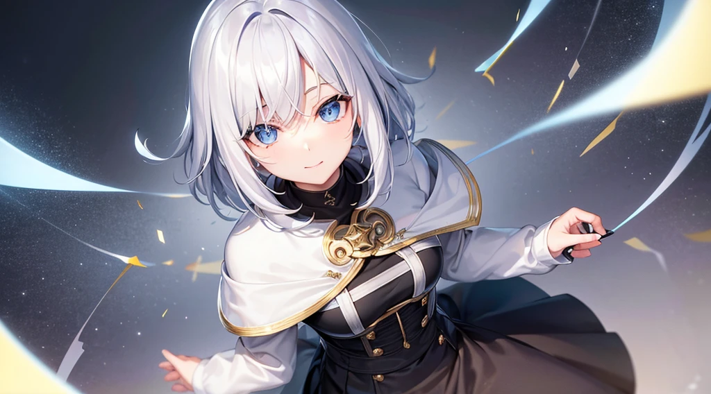 Ultra-high image quality,Look at viewers, hands behind back, girl with, 20 years old, Very short hair, long bangs between eyes, pale blue eyes, Hoodie, Skirt , Blue sky, Sunlight, Extremely detailed,(masterpiece、top-quality)、独奏、White hair、A smile、White skin as clear as snow、Fantastical, Silver hair, Black eyes, Beautiful eyes,, Ecstasy, charmed, be smitten with audience, Hoodie, White hoodie,a black skirt,Hair is short,look down from above