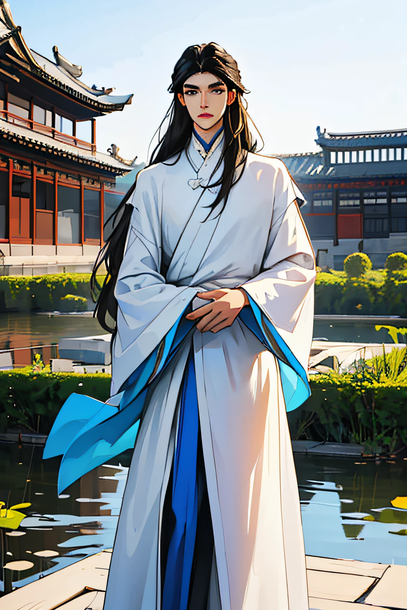 tall young man, slim physique, Long flowing hair, Blue-black hair, Narrow blue eyes, Straight eyes, thin lips, soft smile, high cheekbones, Narrow shoulders, White long clothes, imperial clothing, Chinese garden with a pond in the background, Straight fingers, White fan in hands, Straighten up your face, facing the camera