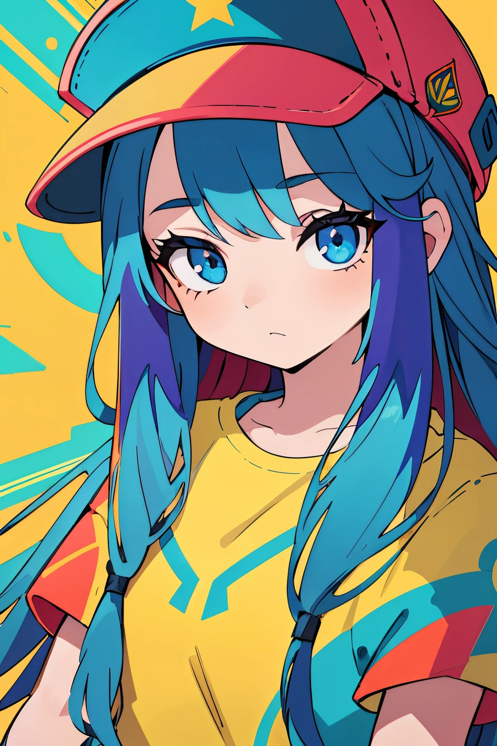 Beautiful detailed eyes, attached hair, a cool-looking cap, a girl with long shiny multicolor hair wearing a cap. The lighting is soft, enhancing the realistic look of the image. The colors are vivid, creating an eye-catching visual impact. The overall quality of the artwork is the best, with a masterpiece level of detail at 1.2.