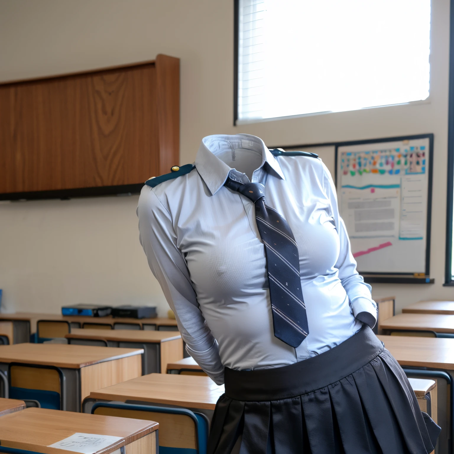 (chubby, fat), collared shirts, long sleeve, in classroom, white shirts, blue stripe tie, school, dark grey skirt, school tie, (Looking back), (Crossed arms), (invisible, no humans, headless, faceless:1.5), (cute big breasts), (close-up shot of breasts), photon mapping, radiosity physically-based rendering