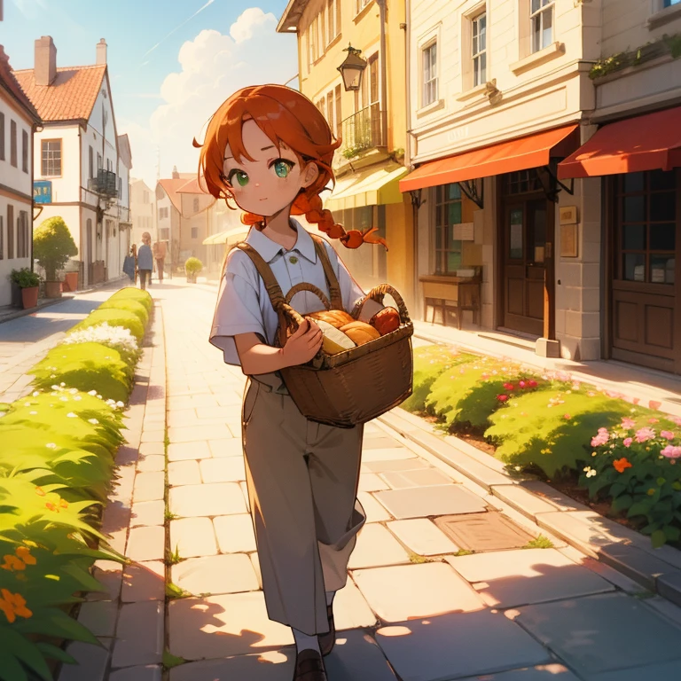 High Detail, Ultra Detail, Ultra High Resolution A cute and innocent girl, child, toddler, detailed face, detailed eyes, high quality image, (green eyes, red-orange hair, braided hairstyle)(wearing a white shirt and brown trousers), walking down a street, holding a basket of bread, warm sun sprinkling on her, blue sky, clouds, scottish town, brick road, town square