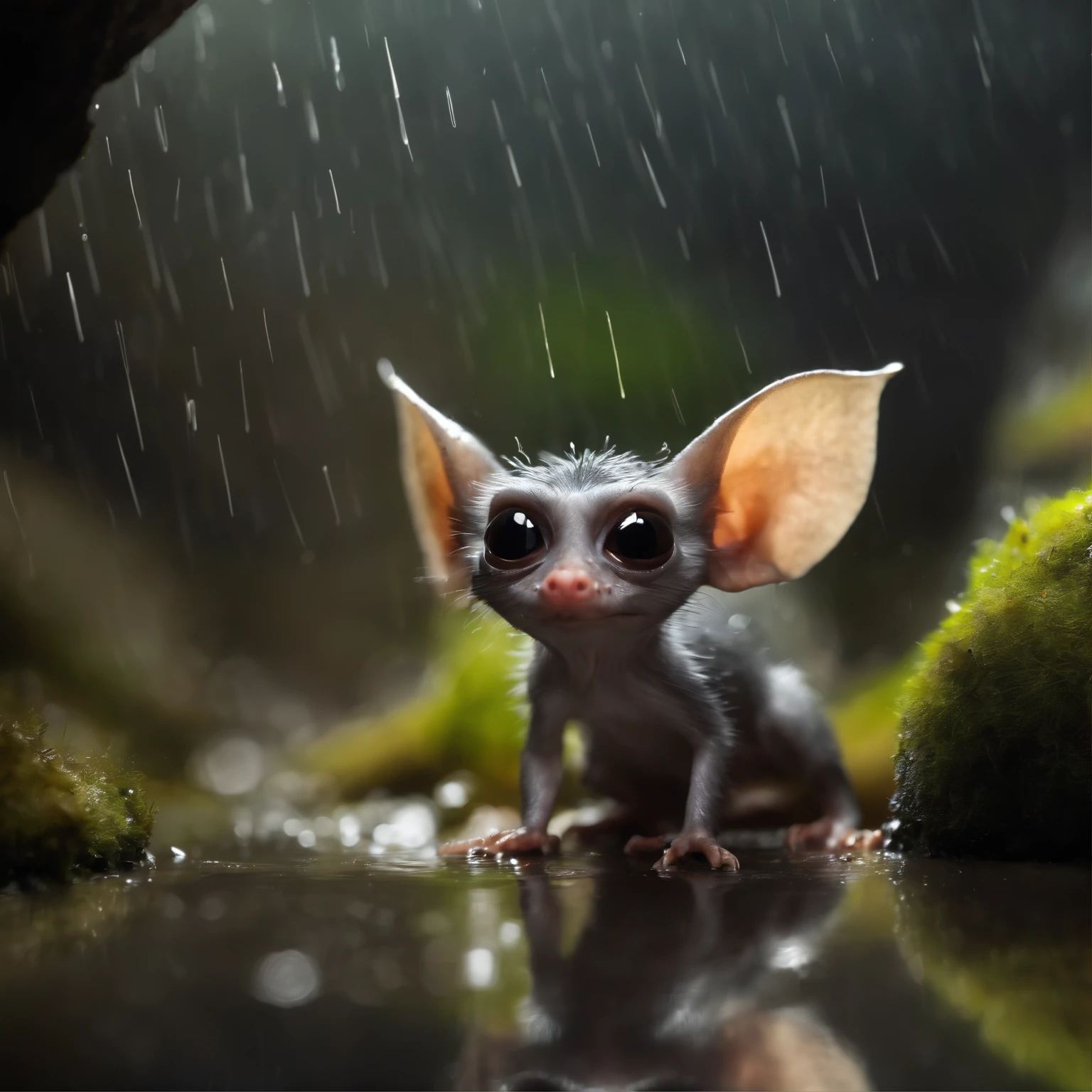 In the cave,Small male gremlin similar to a mole,large ears, elongated nose, light silver fur, long tail, in the foreground the nose sticks out of the hole, rain is dripping, stands looking into a puddle,