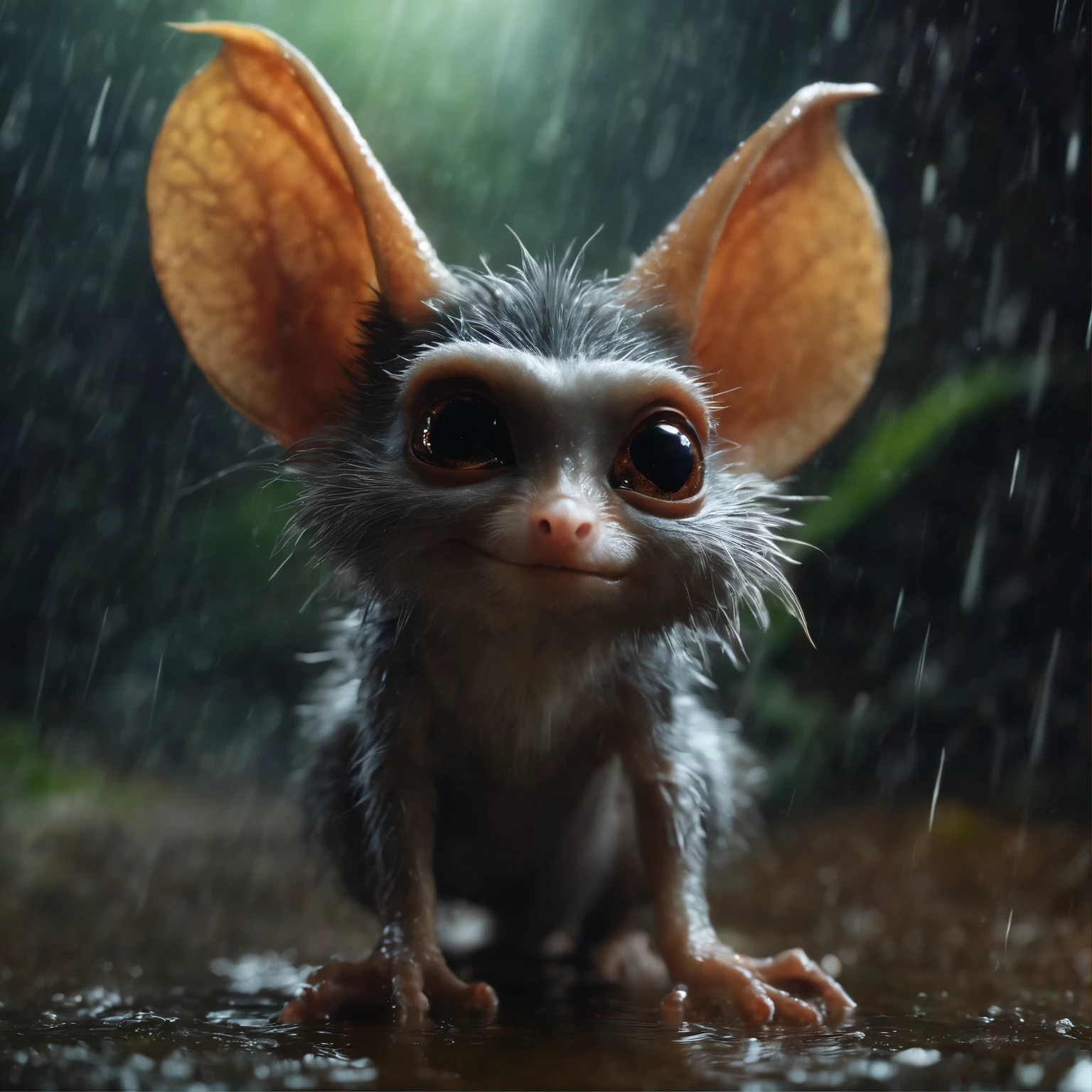 In the cave,Small male gremlin similar to a mole,large ears, elongated nose, light silver fur, long tail, in the foreground the nose sticks out of the hole, rain is dripping, stands looking into a puddle,