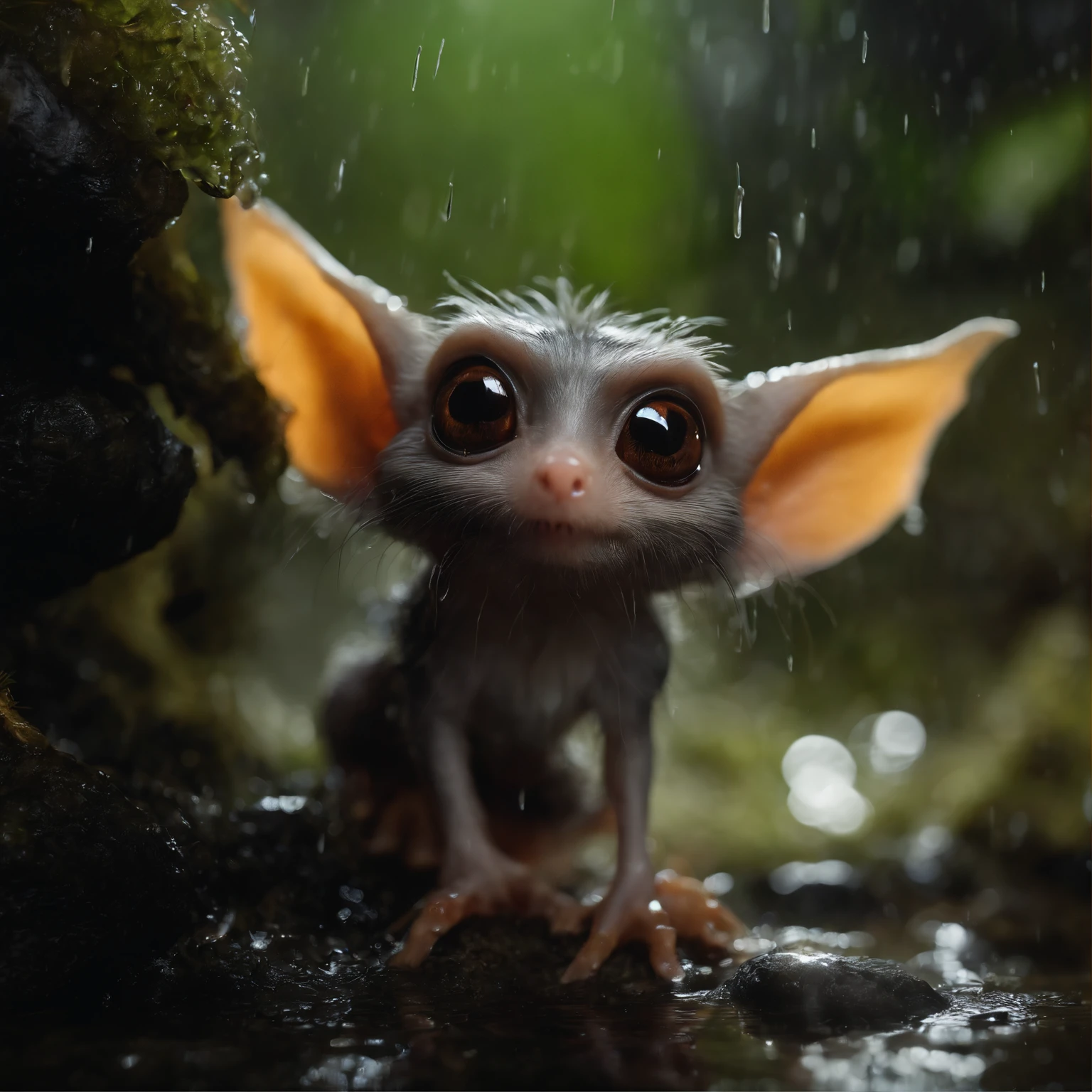 In the cave，Small male gremlin similar to a mole,large ears, elongated nose, light silver fur, long tail, in the foreground the nose sticks out of the hole, rain is dripping, stands looking into a puddle,