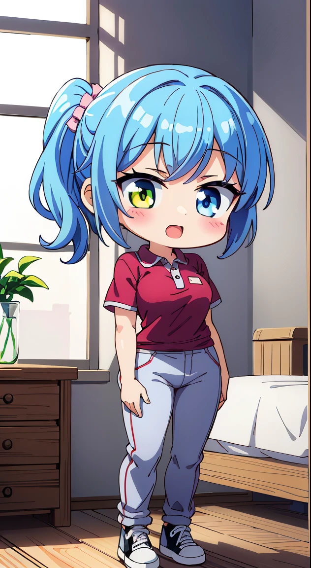 (masutepiece, Best Quality, Perfect Anatomy, High quality:1.4), nice hand, Perfect hands, Detailed beautiful hands, Large_filesize, fulcolor, hight resolution, symmetric, exceptional, Best aesthetic, newest, Anime, very beautiful detailed body、The hair、faces、The eye, (Chibi, Full body:1.6),
BREAK,
1 beautiful girl, 1 person,Solo,(Cute:1.5),(Chibi:0.6),(kawaii:1.5),(Lori:0.5),(17 years old girl),Very detailed,colourfull,highest details,Clear skin,Beautiful skin,Shy,Very detailed,colourfull,highest details,Clear skin,Beautiful skin,Shy skin,1 beautiful girl,{Heterochromia,Yellow eyes:1.9},star eye silhouette, BREAK,(pale blue hair, Medium length:1.4),(Side Ponytail,A little curly hair,Single-sided twisted blade,Princess Cut:1.3),(cleavage of the breast,Large breasts,Beautiful , gleaming skin,Clear skin, Beautiful skin,(best quality face),(Top quality glowing eyes), (The best smile,Doya face:1.45), BREAK (Pink Theme:1.4),
((caregiver theme:1.4)), (Black chinos:1.4), (red polo shirt:1.4),(Black sneakers:1.35),
BREAK,(morning), inside in room,Gothic bedroom, a canopy bed,huge window,naked girl poster,coke,on back, tusk, Open mouth, Looking away,depth of fields,
BREAK,wakame,wakame,wakame,(Cowboy Shot:1.4),
BREAK,(Blurry background:1.3),(absurderes, hight resolution, Super Detail Art),cel shading,Clear Color, Lonely optical effect, Beautiful pictures, Bright glow, mystic atmosphere,(Close-up of girl:1.1), Mystical light particle effect,manga influence, clean line drawings,