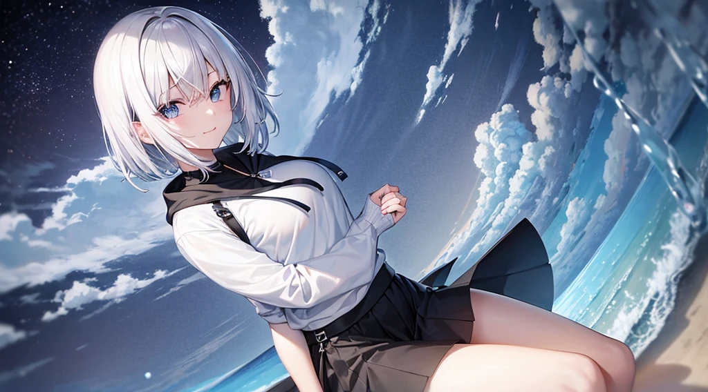 Super high quality,look at the audience, put your hands behind your back, with a girl, 20-year-old, とてもshort hair, long bangs between the eyes, pale blue eyes, hoodie, skirt , blue sky, sunlight, very detailed,(masterpiece、highest quality)、solo、gray hair、laughter、White skin as clear as snow、fantasy, silver hair, black eye, beautiful eyes,, ecstasy, Fascinating, be smitten with audience, hoodie, 白いhoodie,黒いskirt,short hair,blue sky , sunlight,fantasyな風景,looking down from above