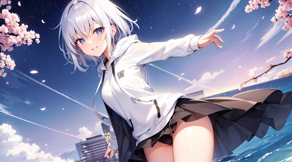 Ultra-high image quality,Look at viewers, hands behind back, girl with, 20 years old, Very short hair, long bangs between eyes, pale blue eyes, Hoodie, Skirt , Blue sky, Sunlight, Extremely detailed,(masterpiece、top-quality)、独奏、White hair、A smile、White skin as clear as snow、Fantastical, Silver hair, Black eyes, Beautiful eyes,, Ecstasy, charmed, be smitten with audience, Hoodie, White hoodie,a black skirt,Hair is short,look down from above,Sea view,Cherry blossom background