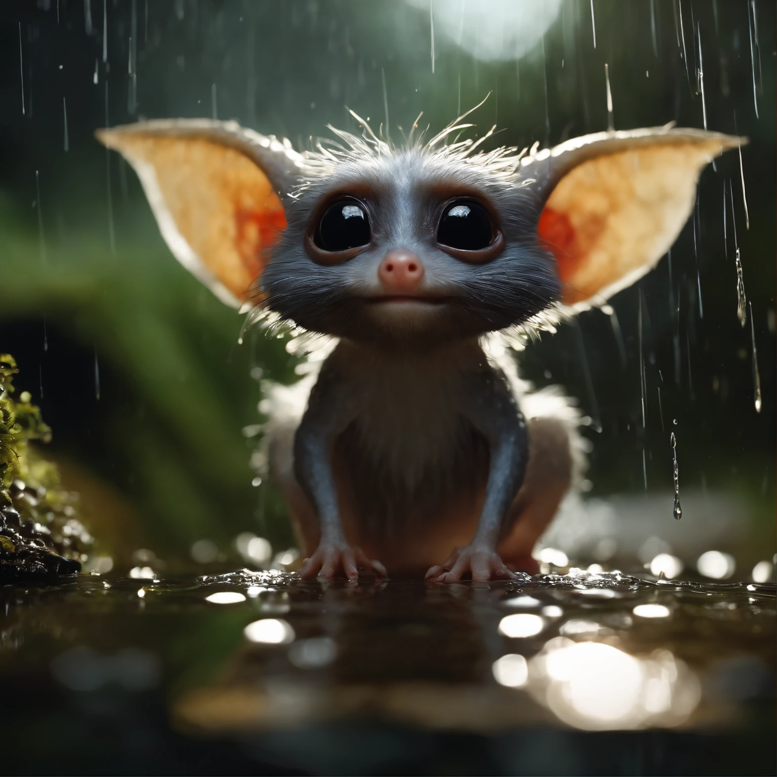 In the cave,Small male gremlin similar to a mole,large ears, elongated nose, light silver fur, long tail, in the foreground the nose sticks out of the hole, rain is dripping, stands looking into a puddle,