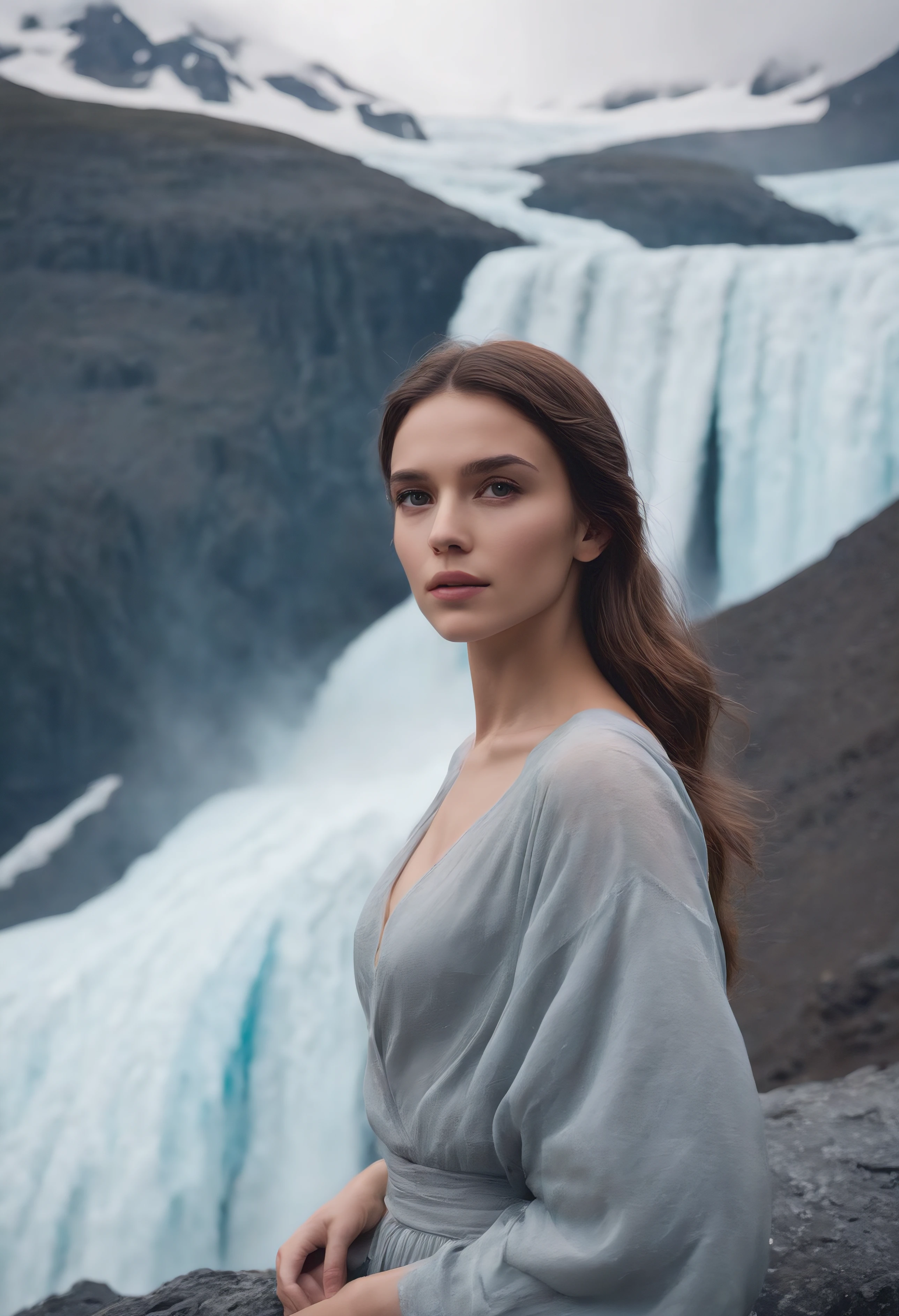 A girl stands on a black rock，The girls&#39; The face is clear，Huge glacier behind girl，The scene is magnificent，Photographic realism style