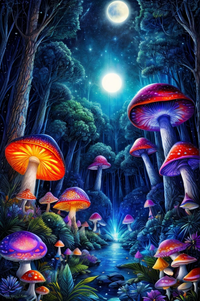 (((tmasterpiece))), (((Best quality at best))), ((intricately details)), ((Hyper-realistic)), (Slime-like mushroom swimming in pine forest，Magical mushrooms, Starry sky and nebula), (A mysterious dreamy forest，Dense trees，Weird and cute glowing mushrooms，magicle world，Charming dreamy mushroom jungle under the moonlight, 1 huge transparent and glowing mushroom，covered with dense forest, waterfallr, and luminous creatures soaring in the night, Exotic flowers and plants are blooming，Enchanting dream jungle background in moonlight，The picture is spectacular), beatiful background, Light particles, suns rays, dramatic lights, 电影灯光, (midynight), (irregular), (mistic), (absurd res), dream-like, Disney, T-shirt design, Vector,number art, psychedelic theme, vivd colour, Saturated color