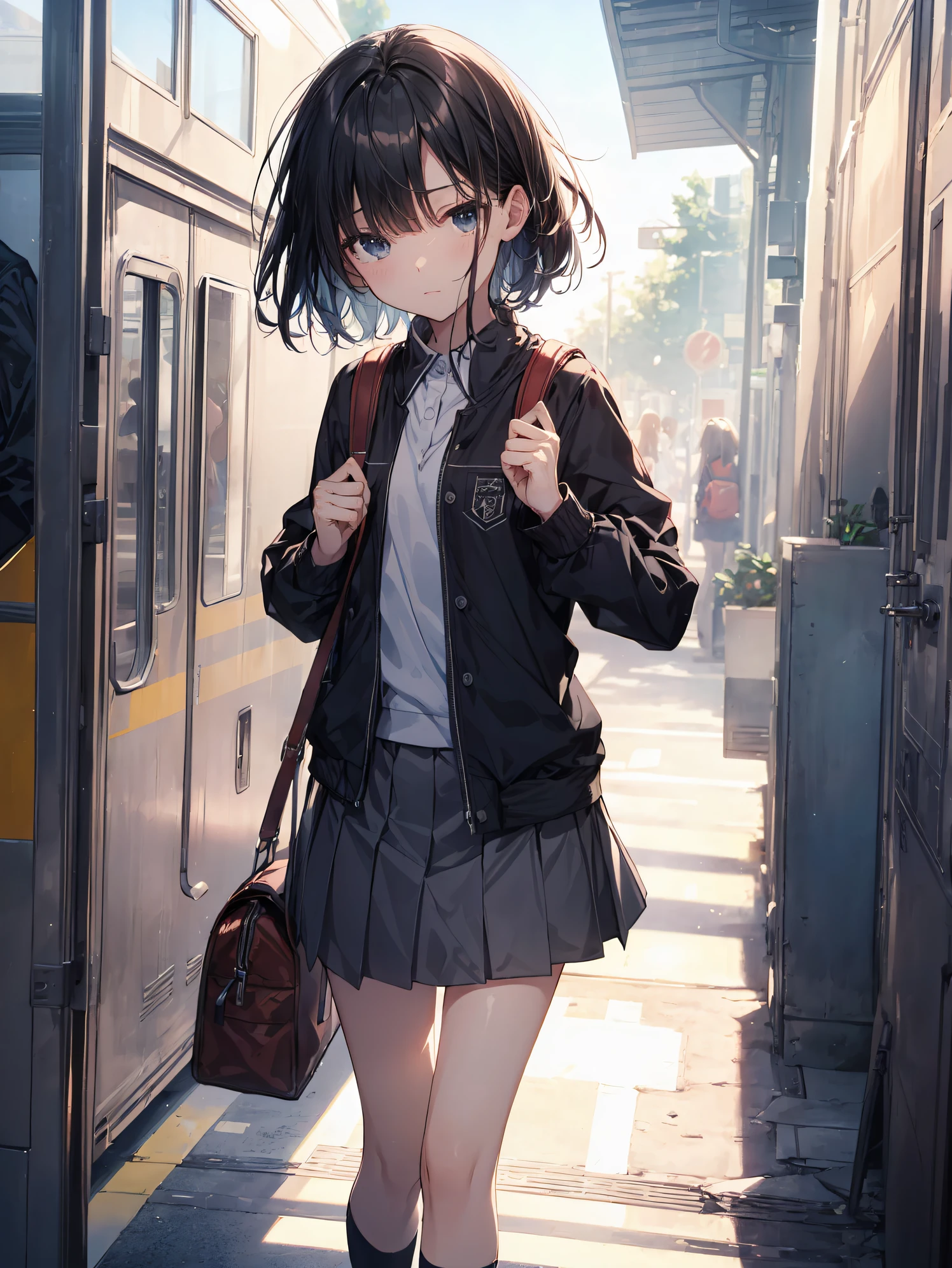 of the highest quality, Ultra-detailed, anime moe art style,Best Anime 8K Konachan Wallpapers,Pixiv Contest Winner,Perfect Anatomy, (Draw a girl sleepily walking to school. ),BREAK, 1 girl is a beautiful girl, (Solo,Lori,child,13years:1.3),a junior high school student, Androgynous attraction, (Center part very short hair),hair messy, Forehead, Full limbs, complete fingers,flat chest, Small butt, groin, Small eyes,Finely detailed 8K beautiful black eyes,disgusted eye, School uniform, Skirt,On the way to school. BREAK,High resolution,super detailed skin, Professional Lighting, Illustration,