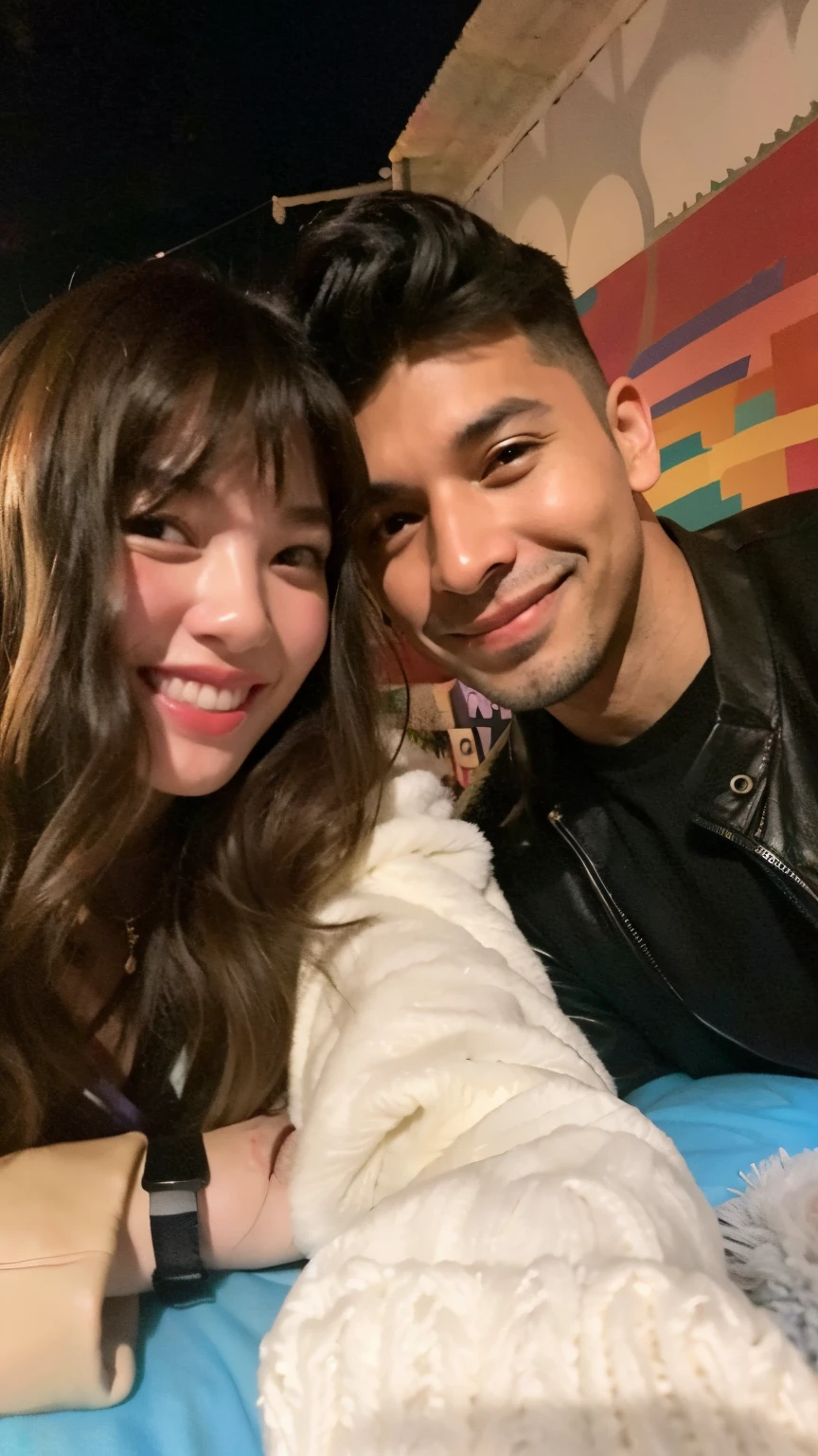 smiling couple taking selfie in front of a colorful wall, charli bowater and artgeem, charli bowater, inspired by Glòria Muñoz, very very low quality picture, profile image, cynthwave, nighttime!!, they are in love, profile picture, pokimane, miranda cosgrove, 💋 💄 👠 👗, nighttime!