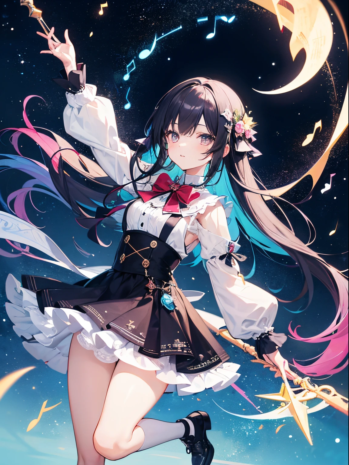 Girl flying in the starry sky,Surrounded by colorful musical notes and staffs