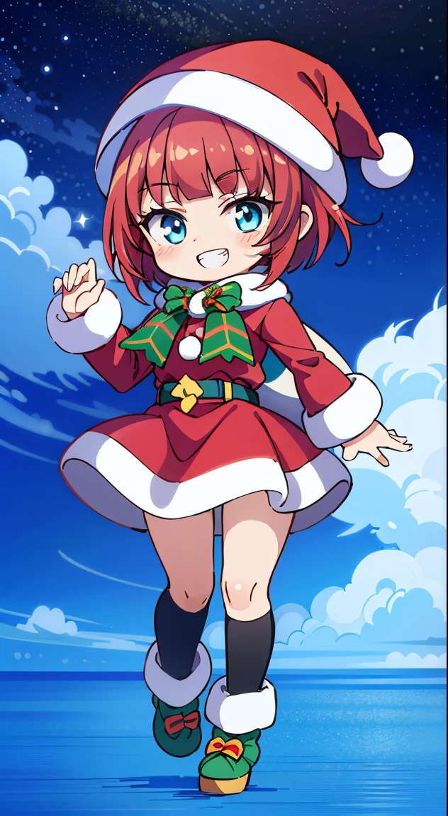(masutepiece, Best Quality, Perfect Anatomy, High quality:1.4), nice hand, Perfect hands, Detailed beautiful hands, Large_filesize, fulcolor, hight resolution, symmetric, exceptional, Best aesthetic, newest, Anime, very beautiful detailed body,The hair,faces,The eye,(Chibi, Full body:1.6),
BREAK,
(Red hair, short-hair,2 hair buns,Blunt bangs:1.4),(:D,grin:1.3),{Heterochromia,pale blue eyes,pale green eyes, Eye Highlights,The first hyperfine stars:1.5},star eye silhouette,(long eyelashes, Double eyelids:1.2),(de pele branca),BREAK,Clear skin,Beautiful skin, ,(best quality face),(Top quality glowing eyes), (Doya face,brave face:1.45),(The best smile,Doya face:1.45),BREAK,( santa costume, Red dress:1.65 ), Hat BREAK vertical striped knit, (Knitted scarves:1.4), Sweaters, Ribbed sweater, a miniskirt, Tight Dress, Black knee socks BREAK hahahaha night, Starry sky, In the sky, Flying, Present Box, Snow, Yuki, Snowflake break is a great hand, Perfect hands
,depth of fields,
BREAK,wakame,wakame,wakame,(Cowboy Shot:1.4),
BREAK,(Blurry background:1.3),(absurderes, hight resolution, Super Detail Art),cel shading,Clear Color, Lonely optical effect, Beautiful pictures, Bright glow, mystic atmosphere,(Close-up of girl:1.1), Mystical light particle effect,manga influence, clean line drawings,