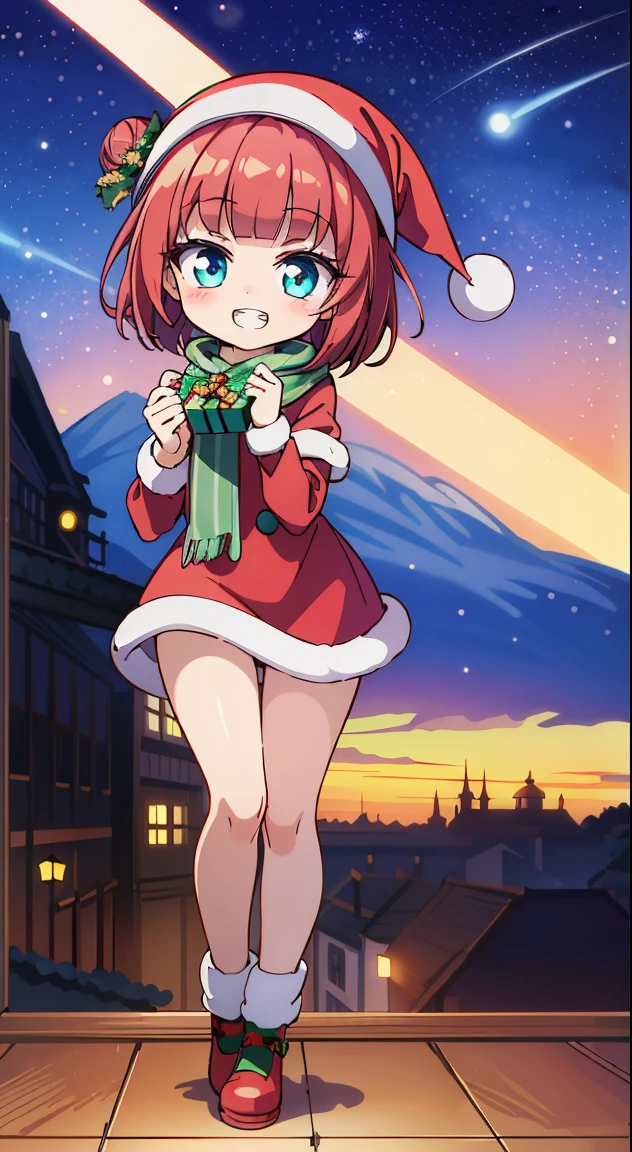 (masutepiece, Best Quality, Perfect Anatomy, High quality:1.4), nice hand, Perfect hands, Detailed beautiful hands, Large_filesize, fulcolor, hight resolution, symmetric, exceptional, Best aesthetic, newest, Anime, very beautiful detailed body,The hair,faces,The eye,(Chibi, Full body:1.6),
BREAK,
(Red hair, short-hair,2 hair buns,Blunt bangs:1.4),(:D,grin:1.3),{Heterochromia,pale blue eyes,pale green eyes, Eye Highlights,The first hyperfine stars:1.5},star eye silhouette,(long eyelashes, Double eyelids:1.2),(de pele branca),BREAK,Clear skin,Beautiful skin, ,(best quality face),(Top quality glowing eyes), (Doya face,brave face:1.45),(The best smile,Doya face:1.45),BREAK,( santa costume, Red dress:1.65 ), Hat BREAK vertical striped knit, (Knitted scarves:1.4), Sweaters, Ribbed sweater, a miniskirt, Tight Dress, Black knee socks BREAK hahahaha night, Starry sky, In the sky, Flying, Present Box, Snow, Yuki, Snowflake break is a great hand, Perfect hands
,depth of fields,
BREAK,wakame,wakame,wakame,(Cowboy Shot:1.4),
BREAK,(Blurry background:1.3),(absurderes, hight resolution, Super Detail Art),cel shading,Clear Color, Lonely optical effect, Beautiful pictures, Bright glow, mystic atmosphere,(Close-up of girl:1.1), Mystical light particle effect,manga influence, clean line drawings,