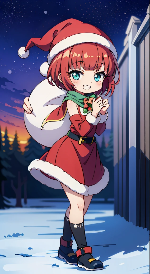 (masutepiece, Best Quality, Perfect Anatomy, High quality:1.4), nice hand, Perfect hands, Detailed beautiful hands, Large_filesize, fulcolor, hight resolution, symmetric, exceptional, Best aesthetic, newest, Anime, very beautiful detailed body,The hair,faces,The eye,(Chibi, Full body:1.6),
BREAK,
(Red hair, short-hair,2 hair buns,Blunt bangs:1.4),(:D,grin:1.3),{Heterochromia,pale blue eyes,pale green eyes, Eye Highlights,The first hyperfine stars:1.5},star eye silhouette,(long eyelashes, Double eyelids:1.2),(de pele branca),BREAK,Clear skin,Beautiful skin, ,(best quality face),(Top quality glowing eyes), (Doya face,brave face:1.45),(The best smile,Doya face:1.45),BREAK,( santa costume, Red dress:1.65 ), Hat BREAK vertical striped knit, (Knitted scarves:1.4), Sweaters, Ribbed sweater, a miniskirt, Tight Dress, Black knee socks BREAK hahahaha night, Starry sky, In the sky, Flying, Present Box, Snow, Yuki, Snowflake break is a great hand, Perfect hands
,depth of fields,
BREAK,wakame,wakame,wakame,(Cowboy Shot:1.4),
BREAK,(Blurry background:1.3),(absurderes, hight resolution, Super Detail Art),cel shading,Clear Color, Lonely optical effect, Beautiful pictures, Bright glow, mystic atmosphere,(Close-up of girl:1.1), Mystical light particle effect,manga influence, clean line drawings,