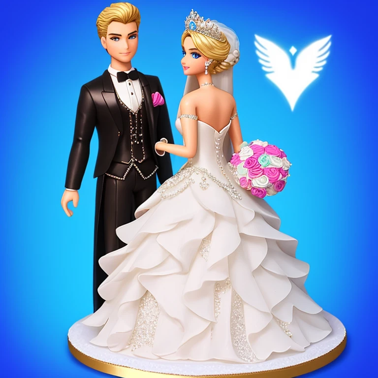 bride and groom standing next to each other in a wedding cake, luxurious wedding, royal wedding, glittery wedding, fantasy fairytale story, wedding, lovely couple, cake art, stylized, barbie or ken doll, bride and groom, wedding photo, romantic themed, imperial royal elegant clothing, romantic storybook fantasy, very stylized, knight and princess