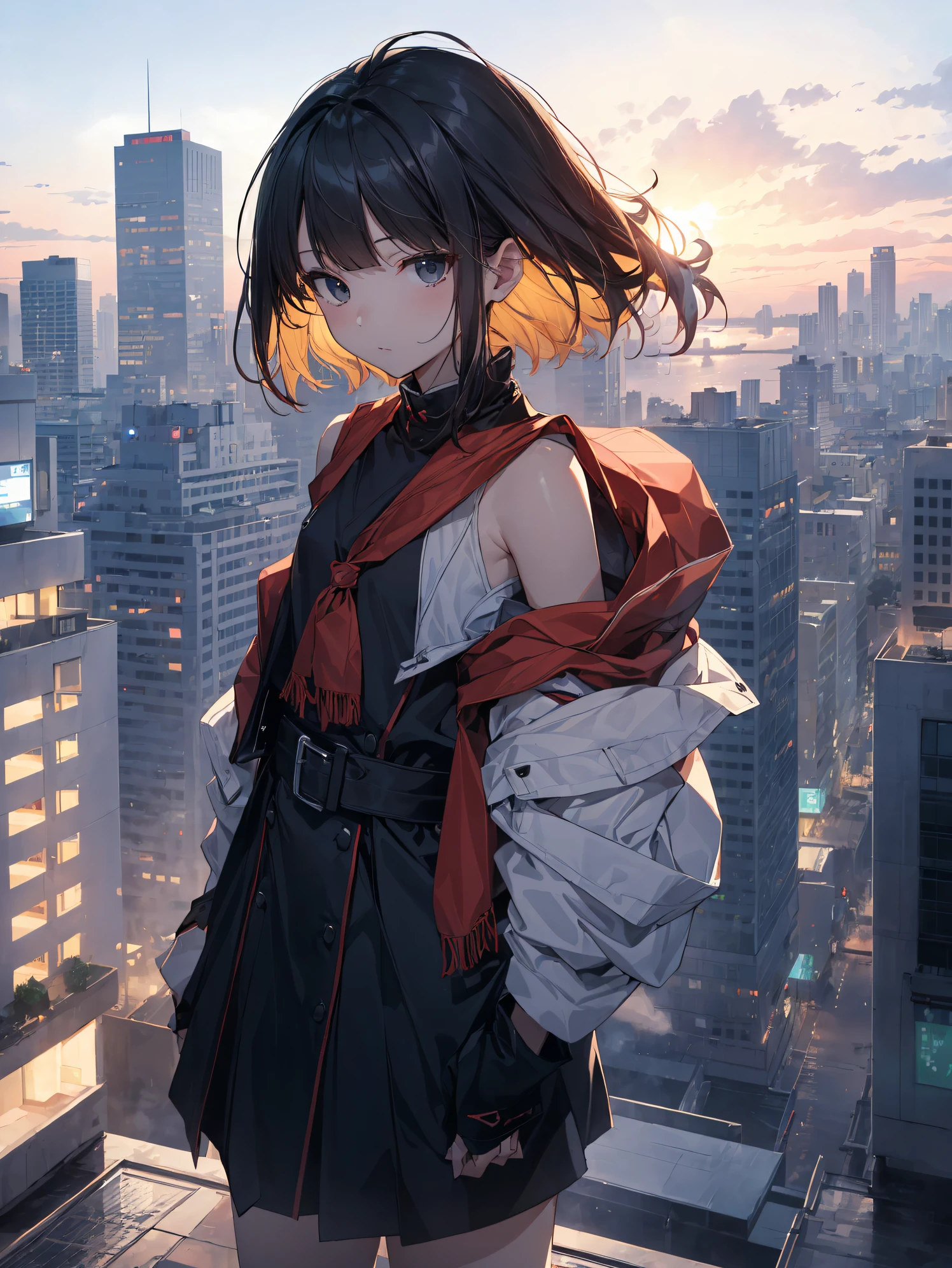 What is a ninja?、... It's cool and... quick.！Best ninja quality, anime moe art style,Best Anime 8K Konachan Wallpapers,Badass Anime 8K,Perfect Anatomy, (Please draw a picture of a ninja girl looking down on the city from the rooftop..)From diagonally above,overhead angle,BREAK, 1 The girl is a ninja, (Solo,Lori,child,13years:1.3), Androgynous attraction, (Very short hair, Blunt bangs), Full limbs, complete fingers,flat chest, Small butt, groin, Finely detailed 8K beautiful black eyes, 
(bare shoulders half-length),Bare arms,Obi,Short shorts, Ninja scarf fluttering in the wind, standing on the roof of a skyscrapper. BREAK, i have a mission.。Sasasasa...。Ultra-detailed,High resolution,super detailed skin, Professional Lighting, Illustration,