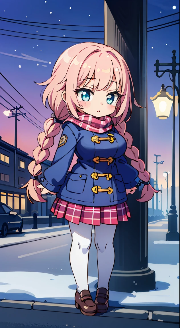 (masutepiece, Best Quality, Perfect Anatomy, High quality:1.4), nice hand, Perfect hands, Detailed beautiful hands, Large_filesize, fulcolor, hight resolution, symmetric, exceptional, Best aesthetic, newest, Anime, very beautiful detailed body、The hair、faces、The eye, (Chibi, Full body:1.6),
BREAK,
(Cute illustration:1,2),(Absurd realistic structure details),(High resolution complex and detailed text quality),(High-resolution microstructure、High poly 3 boobs boobs D rendering correction),Methods of geometry,Careful explanatory anatomy,
BREAK,
1 beautiful girl, (17 years old girl),Solo,(Cute:1.5),(Chibi:0.6),(kawaii:1.5),(Lori:0.5),BREAK,(17 years old girl), 1 beautiful girl,Very detailed,colourfull,highest details,Clear skin,Beautiful skin,Shy,Very detailed,colourfull,highest details,BREAK,Clear skin,Beautiful skin,Shy skin,BREAK,{Heterochromia,blue eyess,Green eyes,PUPILS SPARKLING:1.9},star eye silhouette,BREAK,(Pink hair, Medium length:1.4),(Twin braids,A little curly hair,Princess Cut, crossed bangs:1.3),(Big breasts,Beautiful breasts,Large breasts:1.5),(long eyelashes, Double eyelids:1.2),Solo,gleaming skin, Clear skin, Beautiful skin,(best quality face),(Top quality glowing eyes),(Doya face,brave face:1.45), BREAK, (dark navy theme:1.3), (Please wear a navy blue duffel coat over your school uniform.......、Only the hem of the skirt is exposed:1.4), (Black and white plaid pleated skirt:1.1), ((Dark brown pantyhose, lowfers):1.2),
BREAK (Pink Theme:1.3), (pink plaid knit scarf:1.4),
BREAK,(day), a closed mouth,(architecture, building, Choker, city, Cityscape, Outdoors, building, city,lamp post, Power lines, scarf, skyporn, Snow, Solo, utility pole, Winters:1.55), Waterfall,depth of fields,
BREAK,wakame,wakame,wakame,(Cowboy Shot:1.4),
BREAK,(Blurry background:1.3),(absurderes, hight resolution, Super Detail Art),cel shading,Clear Color, Lonely optical effect, Beautiful pictures, Bright glow, mystic atmosphere,(Close-up of girl:1.1), Mystical light particle effect,manga influence, clean line drawings,