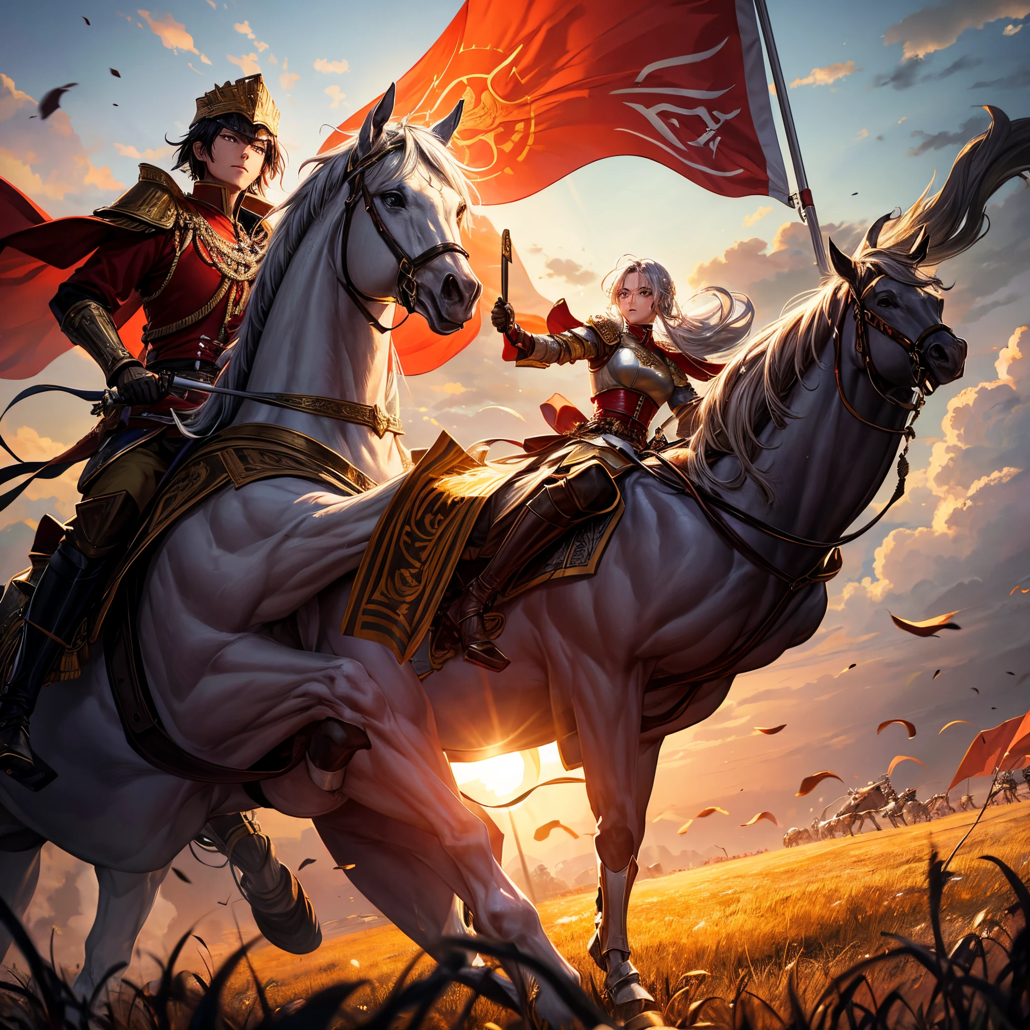 Looking at the character from the left，The young general wearing silver armor and riding a white horse took the lead with an angry expression and a golden gun in his hand.，Thousands of troops and cavalry followed behind, hoisting the Luo-shaped flag and charging into battle.。On the right side of the figure, the rising red sun shines on the green forest and the dark clouds in the sky。4K Ultra HD Animation