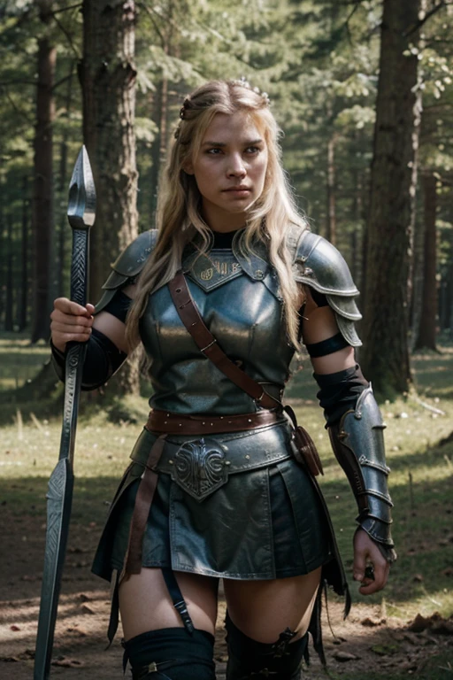 Create an illustration of a fearless Viking warrior with impressive armor and a powerful axe, who charges determinedly into battle. Armor should be both protective and attractive, und die Szene sollte die Energie und Entschlossenheit der Kriegerin unterstreichen. In dieser Darstellung, emphasize Nordic mythology and the spirit of an independent and strong woman. Valkyrie style with very limited armor, KarolinaDemy:0.7, im wald, Schlachtruf