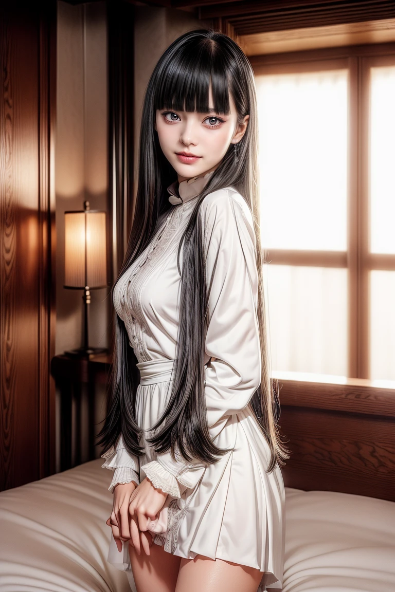 ,17 agee,(((Blngs, princess bangs))), (((Very heavy,very voluminous bangs:1.1))),(((Very long, Very heavy,Very voluminous side locks:1.1))),, hime-cut, Hairstyle with straight bangs, Round face with dull bangs, dull with long hair、Bangs are cut straight,(masutepiece, top-quality:1.5), (Ultra detailed 8K cg:1.4), (hyper realisitic:1.25), (Photorealistic:1.25), (Realistic:1.4), Cowboy Shot, (View above:1.35), (1 from the front.4), (smile1.3),
1 beautiful Japanese girl, 19 years old, super model, Japanese Idol, (Smile), Large breasts, sweat skin,
(Maid Dress Costume Uniform:1.1), , , (lying on bed:1.4), (on  back:1.1), (Head on pillow:1.1),
Beds in 5-star hotels,