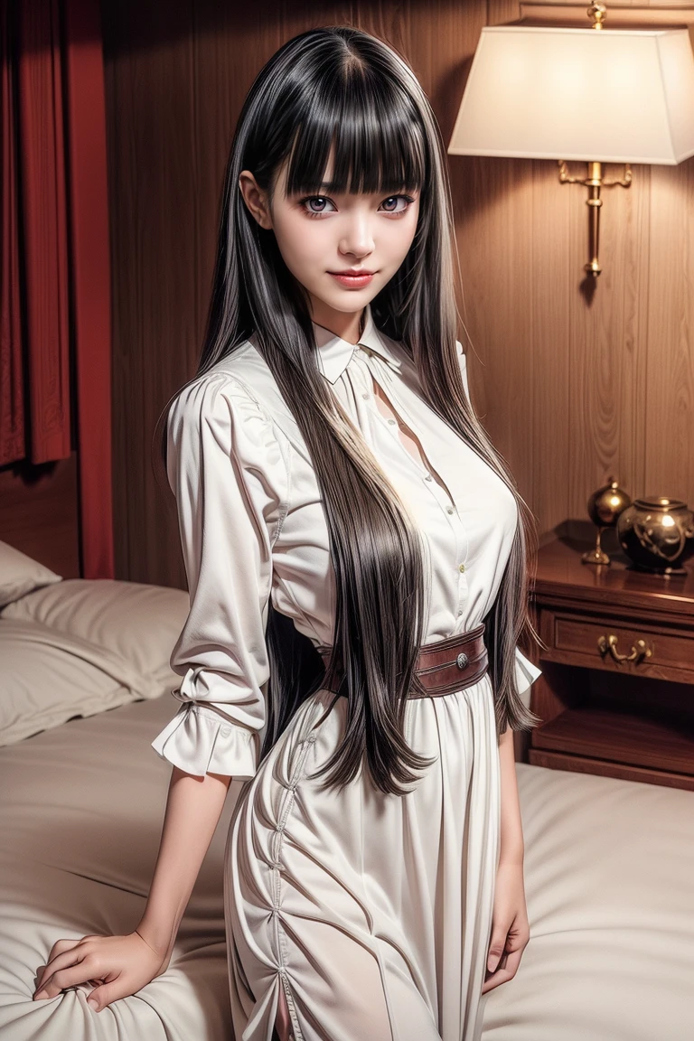 17 age,17 age,17 age,(((Blunt bangs, princess bangs))), (((Very heavy,very voluminous bangs:1.1))),(((Very long, Very heavy,Very voluminous side locks:1.1))),, hime-cut, Hairstyle with straight bangs, Round face with dull bangs, dull with long hair、Bangs are cut straight,(masutepiece, top-quality:1.5), (Ultra detailed 8K cg:1.4), (hyper realisitic:1.25), (Photorealistic:1.25), (Realistic:1.4), Cowboy Shot, (View above:1.35), (1 from the front.4), (smile1.3),
1 beautiful Japanese girl, 19 years old, super model, Japanese Idol, (Smile), Large breasts, sweat skin,
(Maid Dress Costume Uniform:1.1), , , (lying on bed:1.4), (on  back:1.1), (Head on pillow:1.1),
Beds in 5-star hotels,