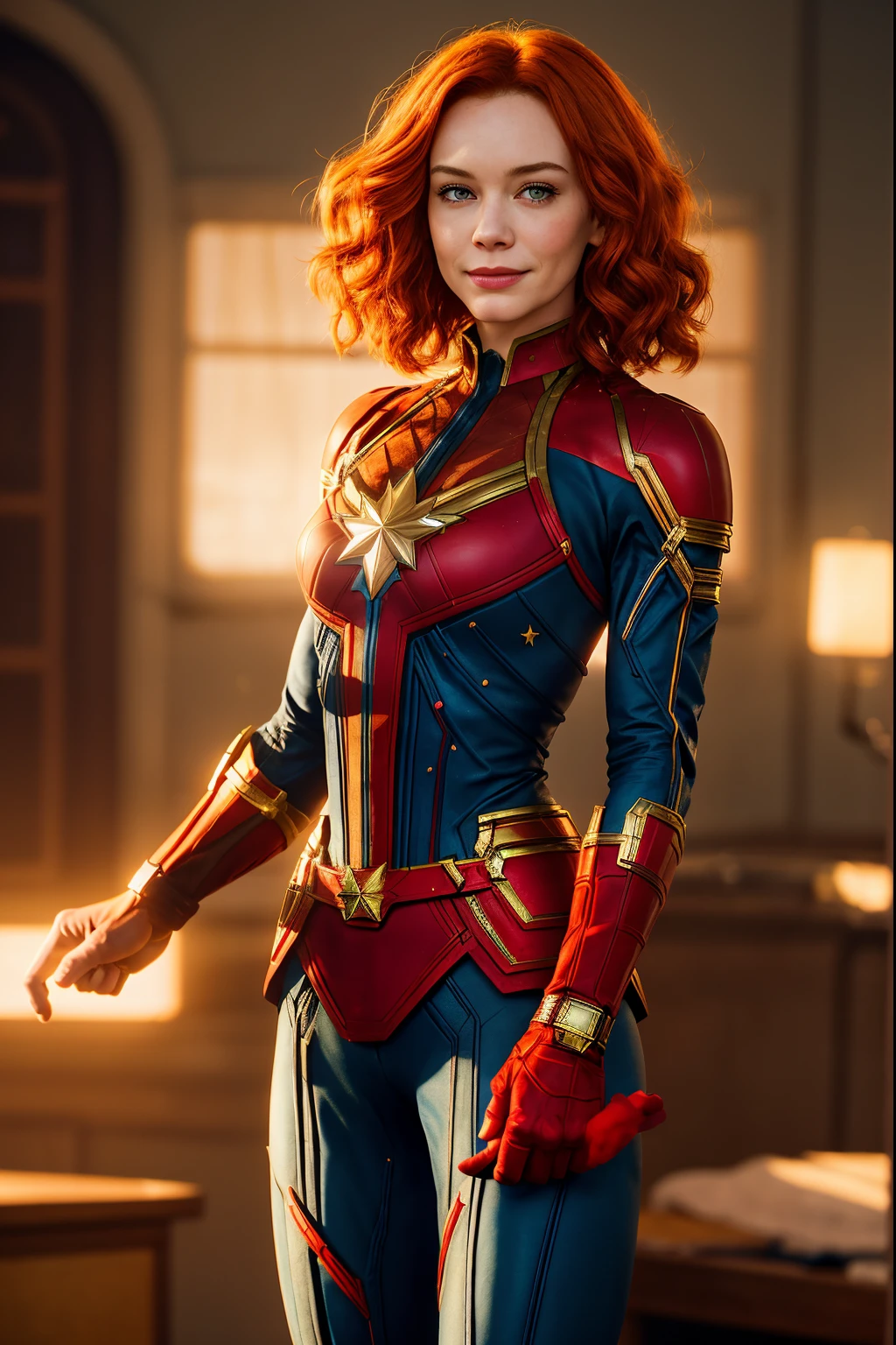 Young 25 year old Christina Hendricks as Captain Marvel from marvel comics, sly smile, perfect hands, high detail face, pale fair detailed skin, ginger hair, medium breasts, masterpiece, cinematic lighting, RAW photography, backlight, bokeh, sharp focus, rim lighting, 8k, high quality