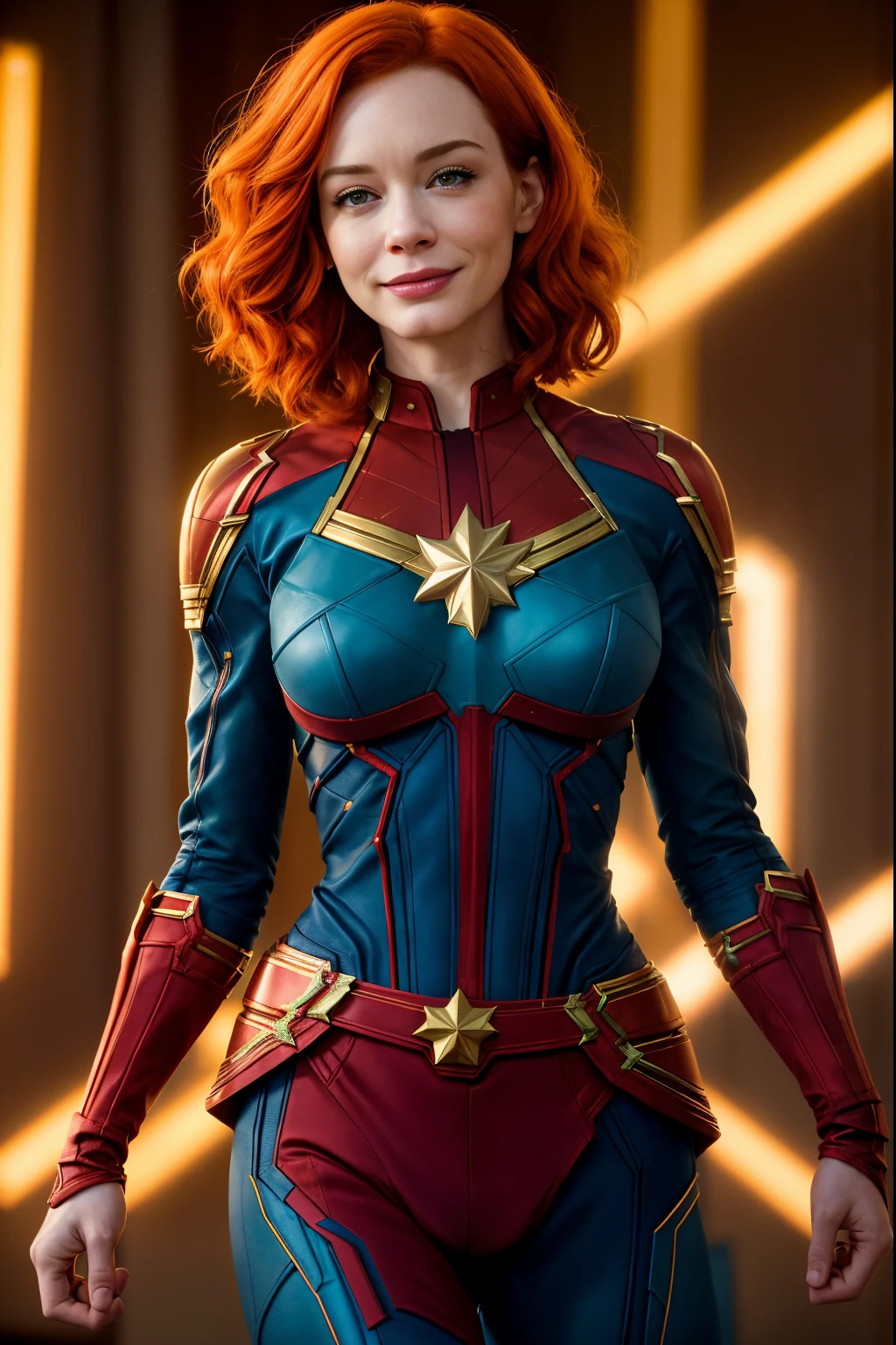 Young 25 year old Christina Hendricks as Captain Marvel from marvel comics, sly smile, perfect hands, high detail face, pale fair detailed skin, ginger hair, medium breasts, masterpiece, cinematic lighting, RAW photography, backlight, bokeh, sharp focus, rim lighting, 8k, high quality